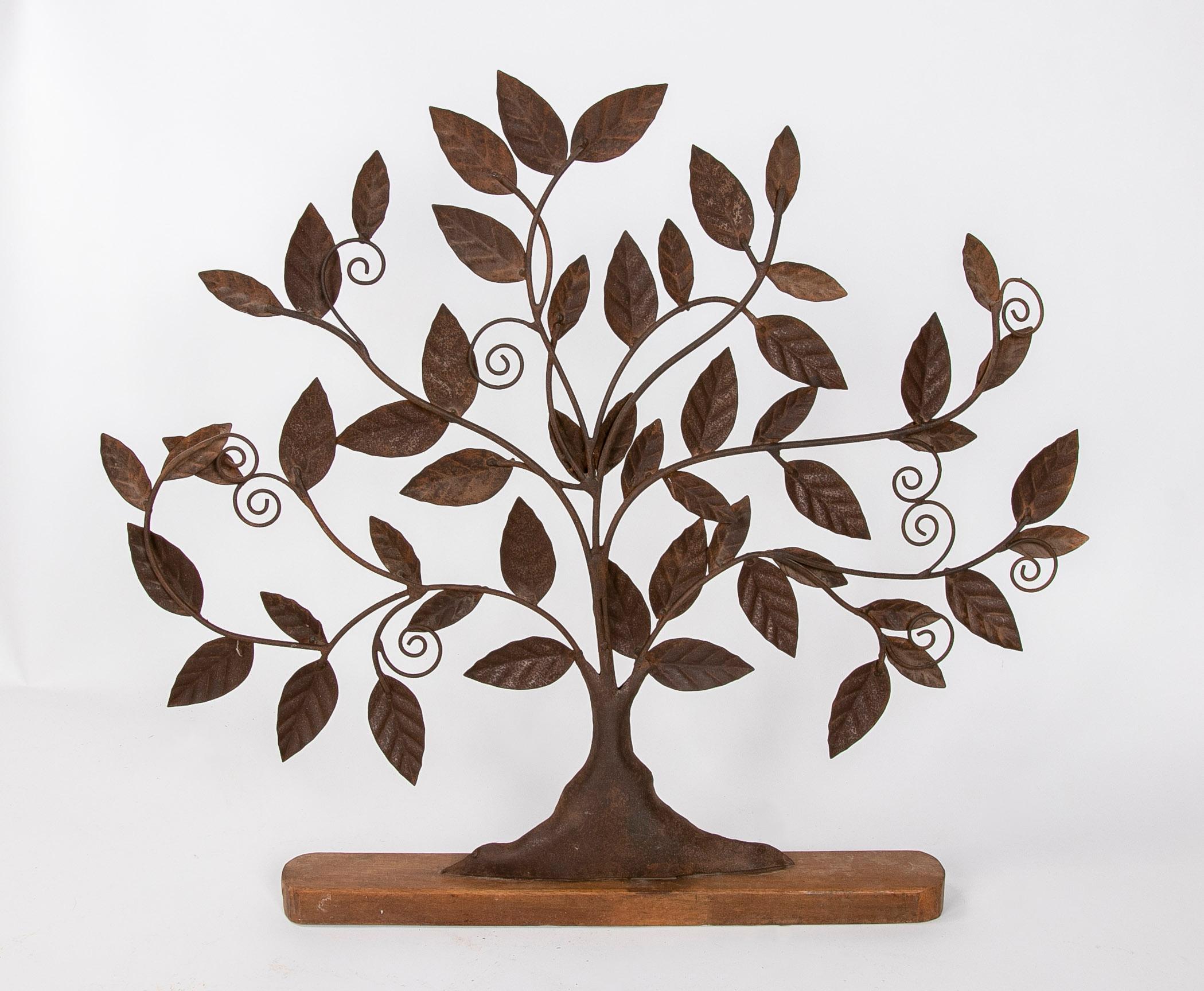 Iron Sculpture of Tree with Leaves on Iron coloured Wooden Base For Sale 4
