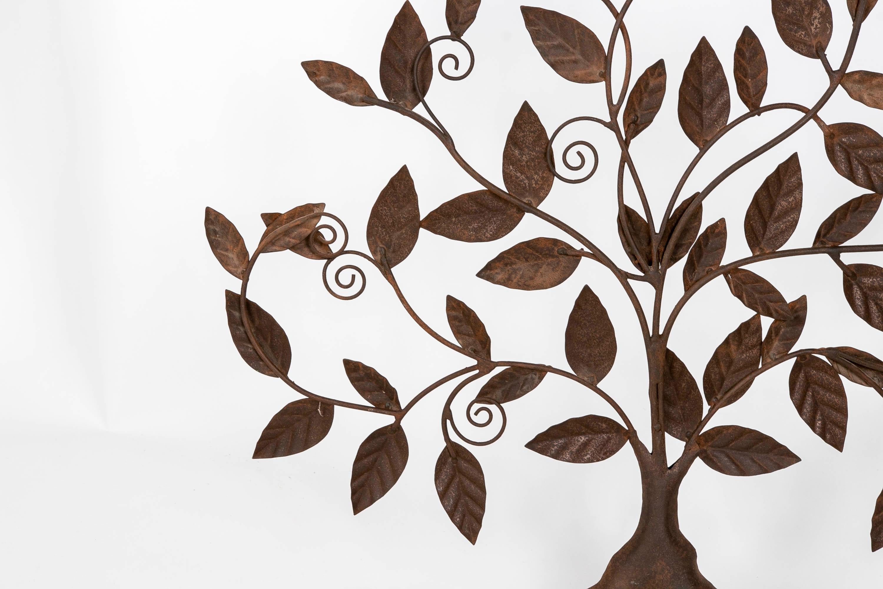 Iron Sculpture of Tree with Leaves on Iron coloured Wooden Base For Sale 5