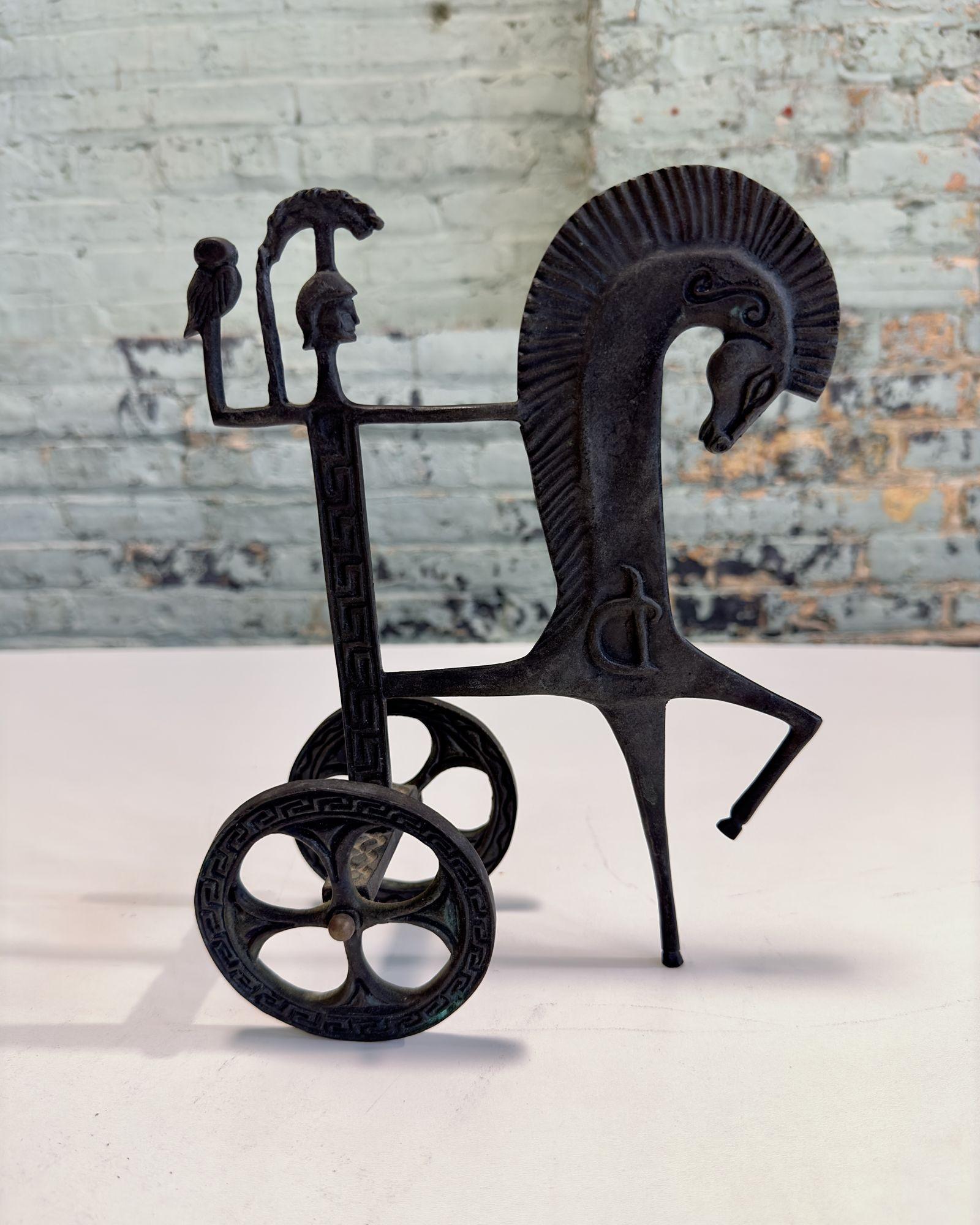 Mid-Century Modern Iron Sculpture Roman Chariot with Female Warrior, Italy 1950 For Sale