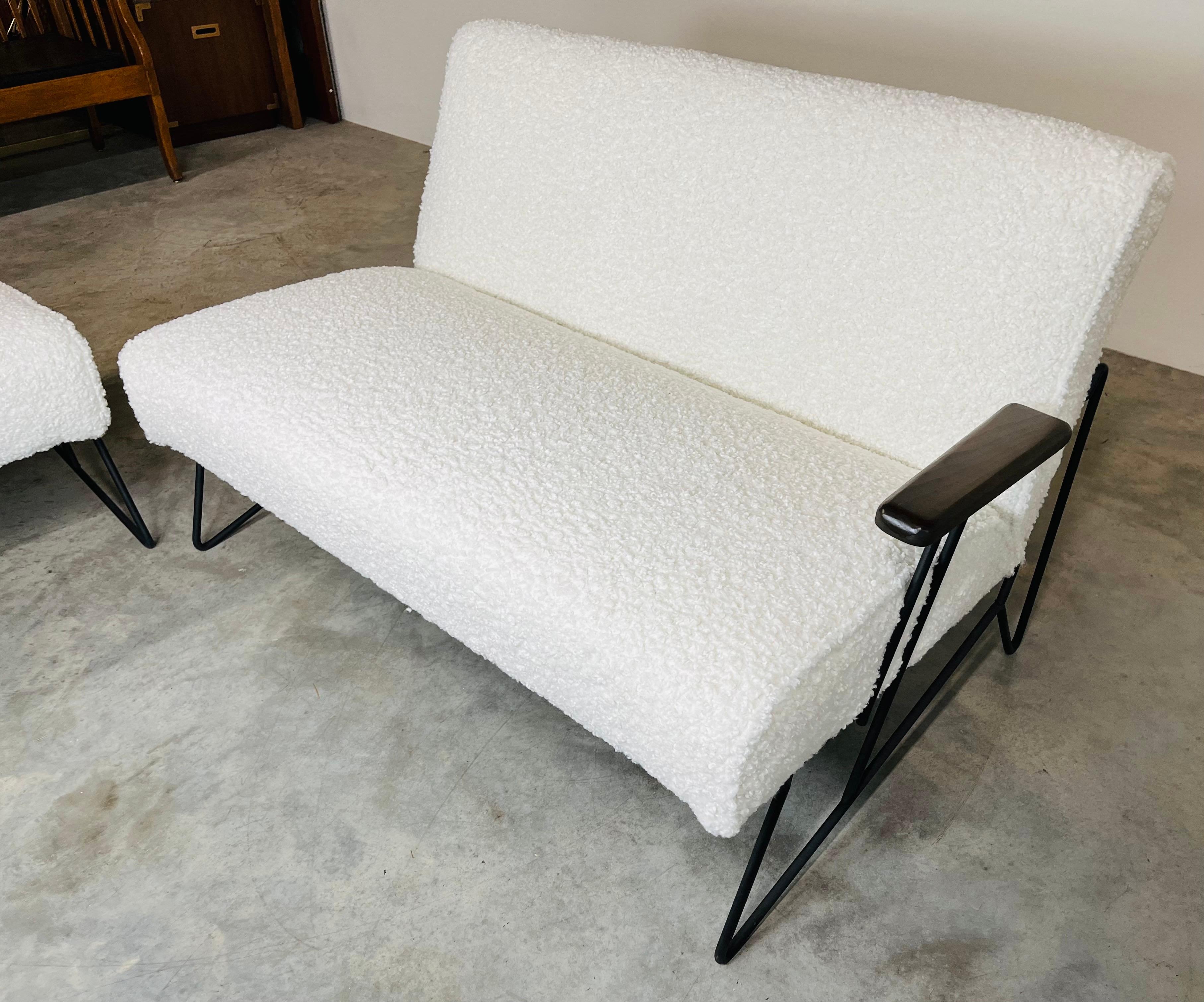 Bouclé Iron Sectional Sofa, Lounge Chair & Ottoman Set Attr: Dan Johnson Circa 1950