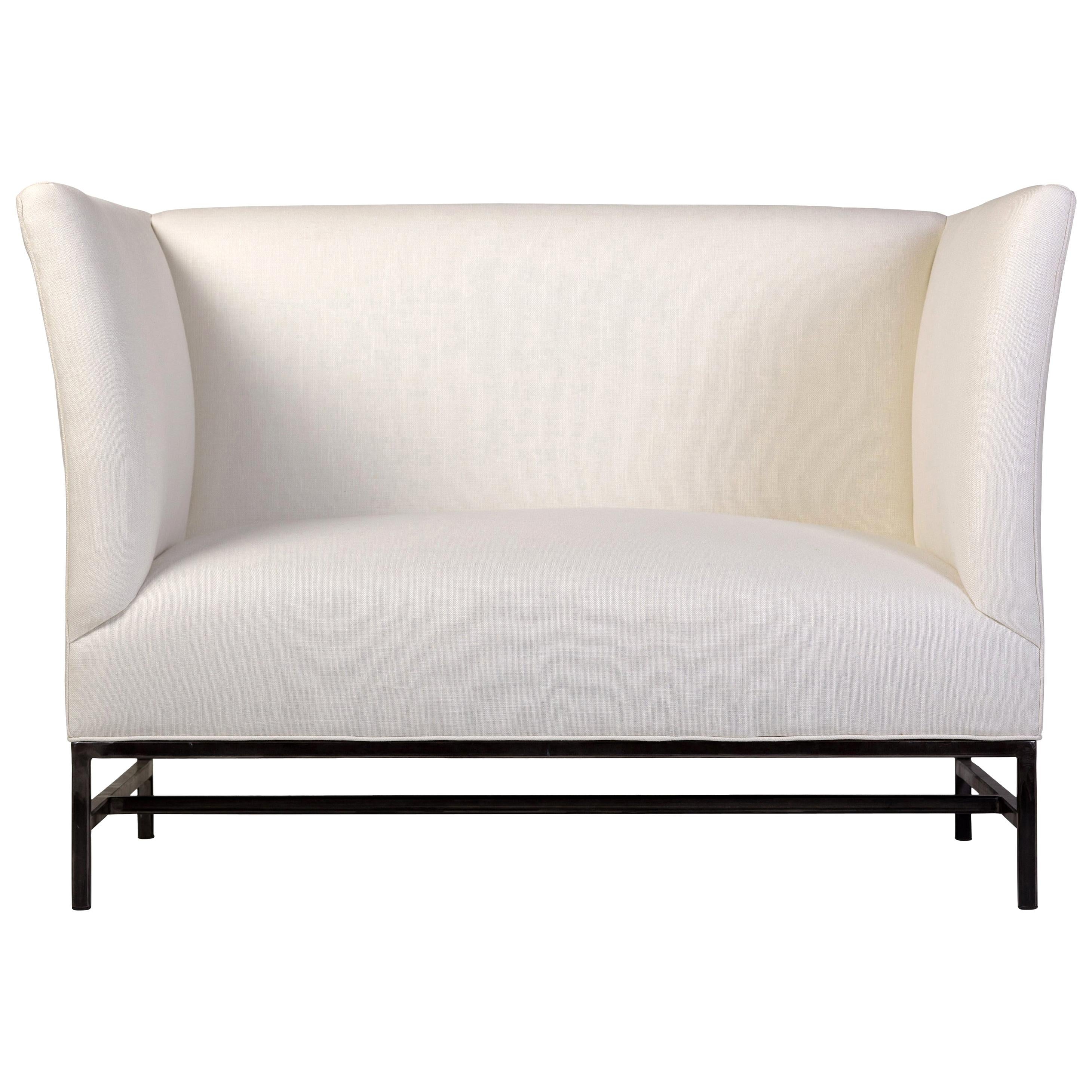 Contemporary Loveseat in Linen with Iron Base