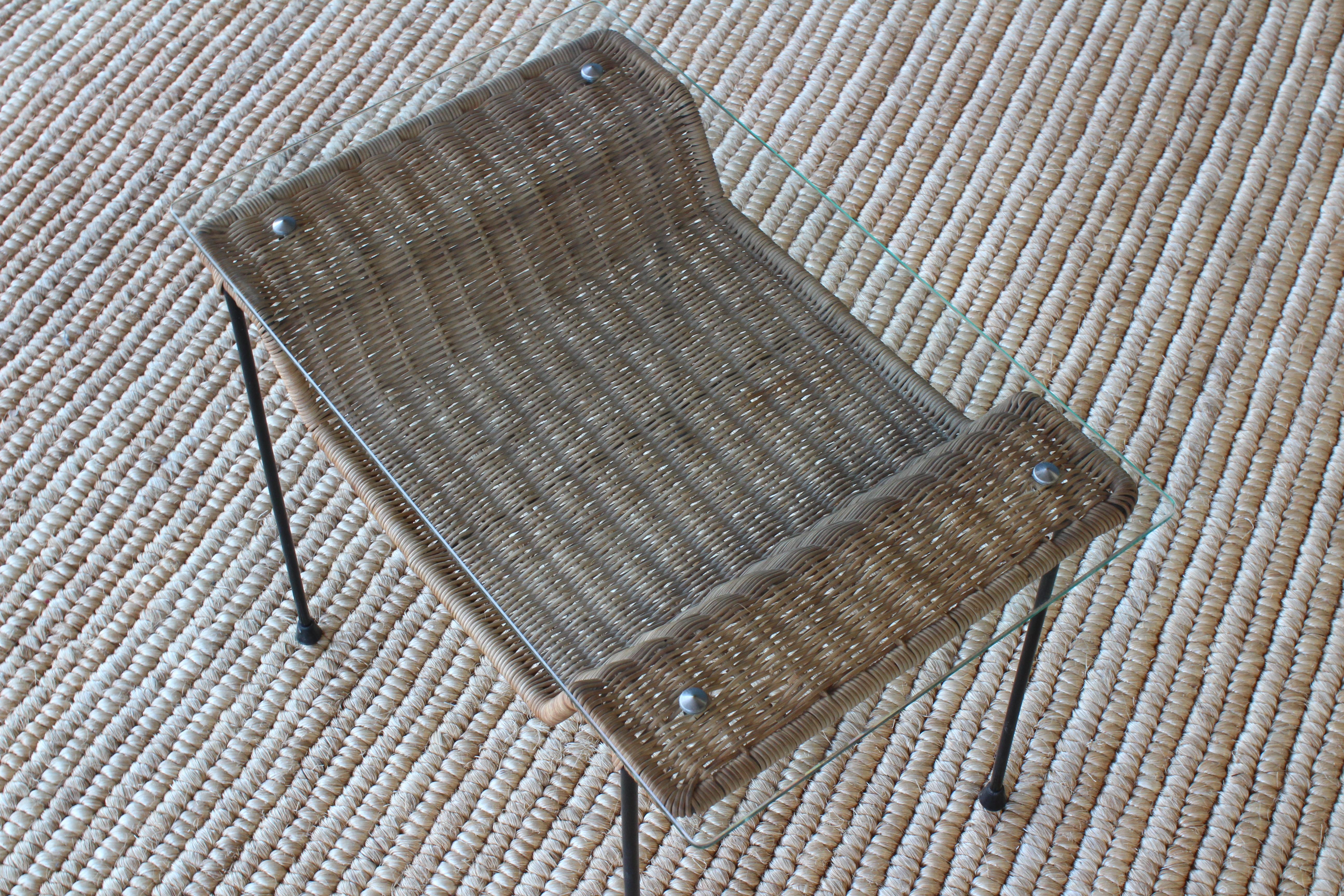 Mid-Century Modern Iron Side Table with Glass Top and Rattan Shelf, France, 1950s