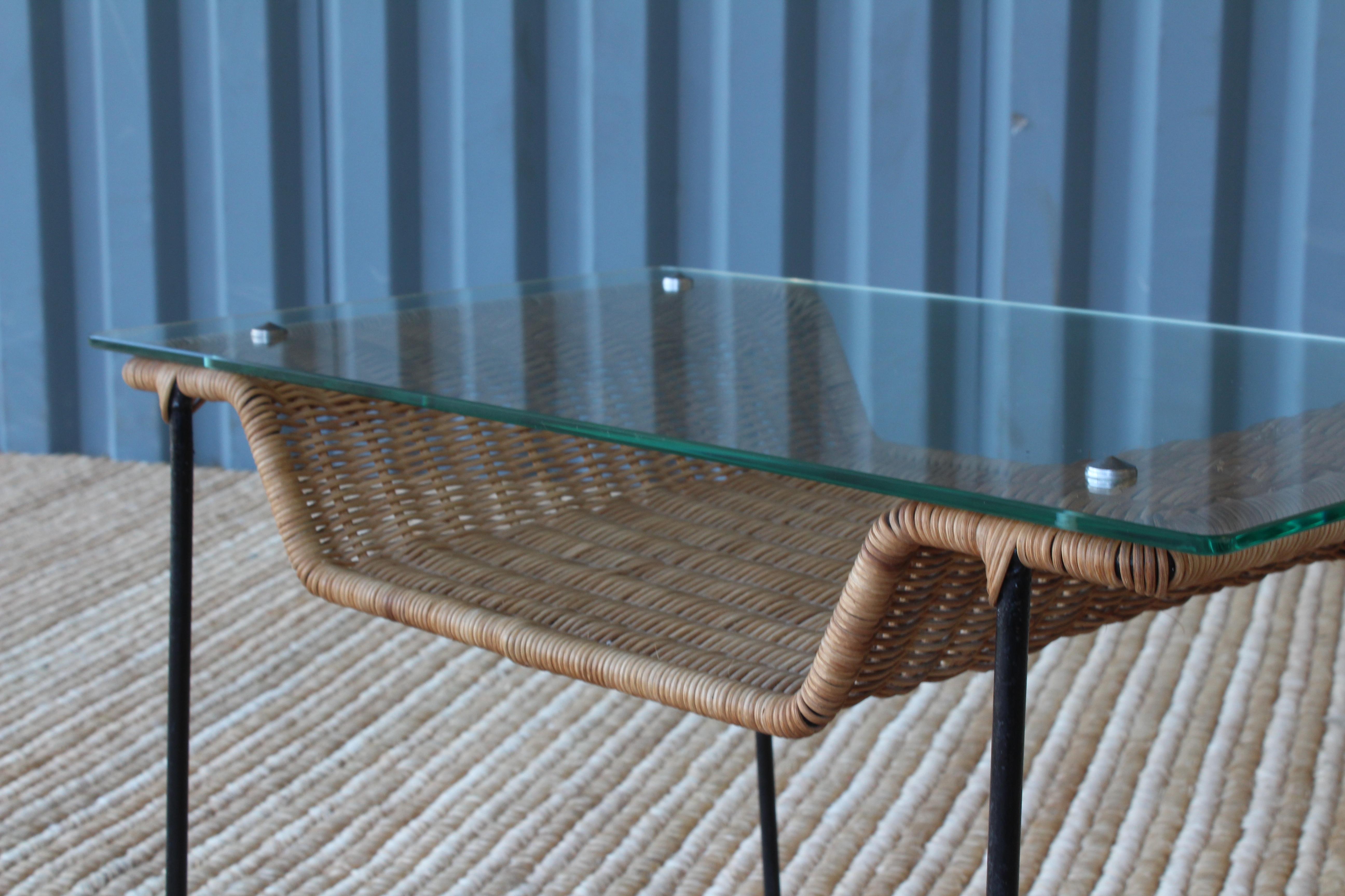 American Iron Side Table with Glass Top and Rattan Shelf, France, 1950s