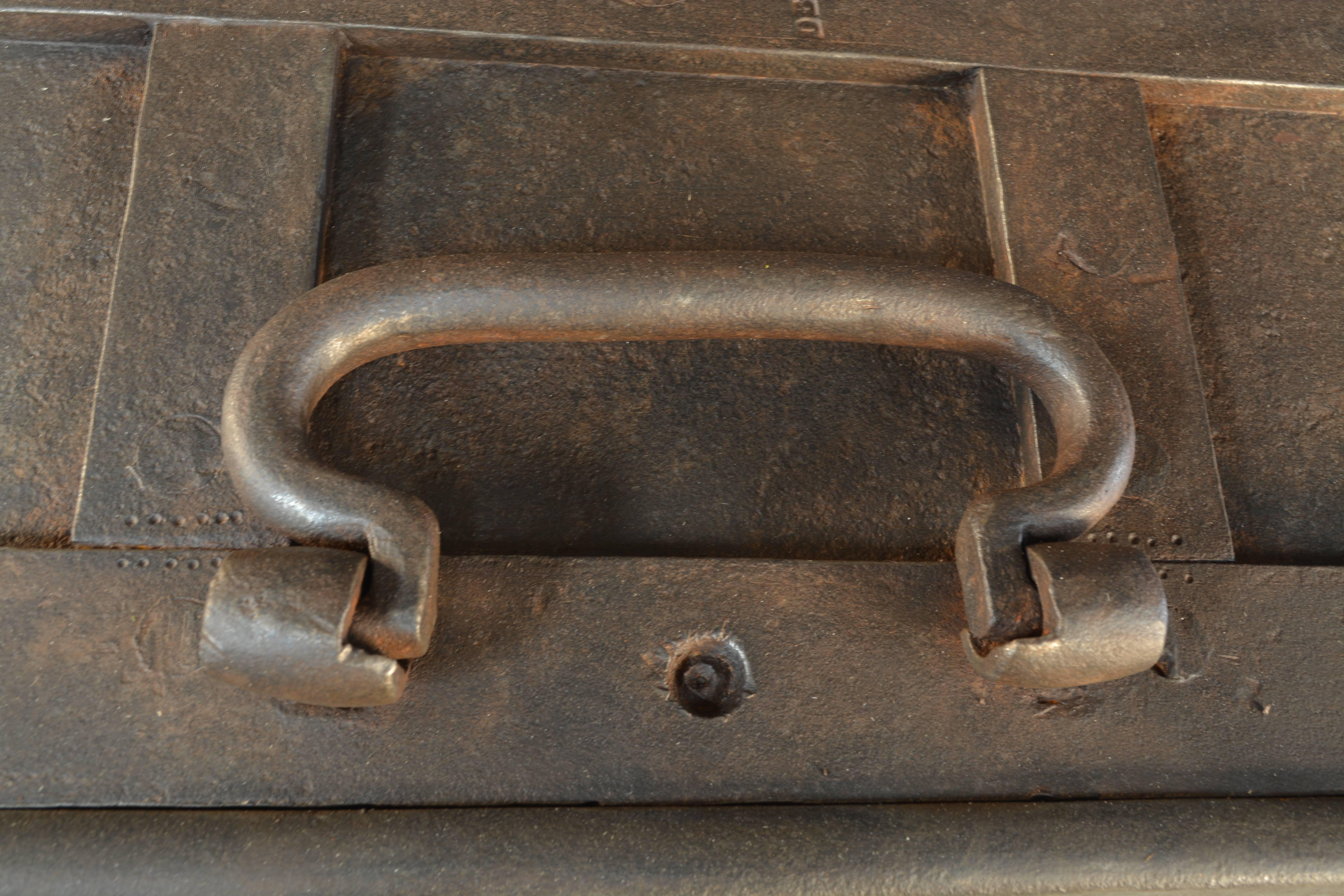 Neoclassical Iron Strong Box, 19th Century with Manufacturer Mark on Lid