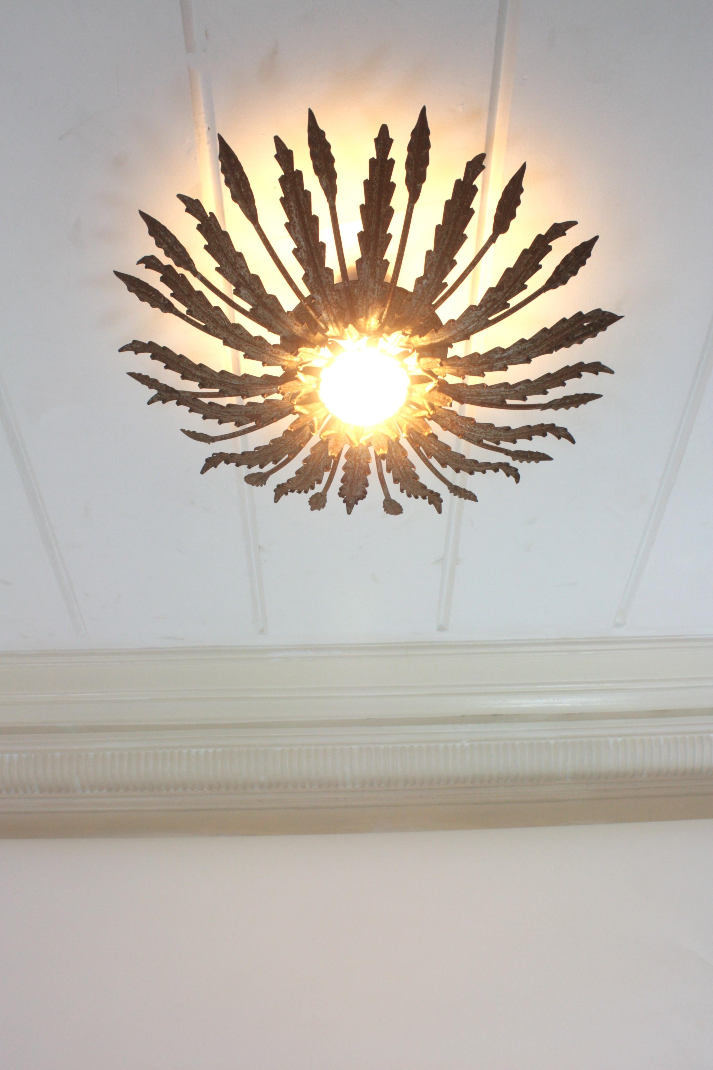 Iron Sunburst Ceiling Light Fixture with Leaves Design and Rusty Patina For Sale 9