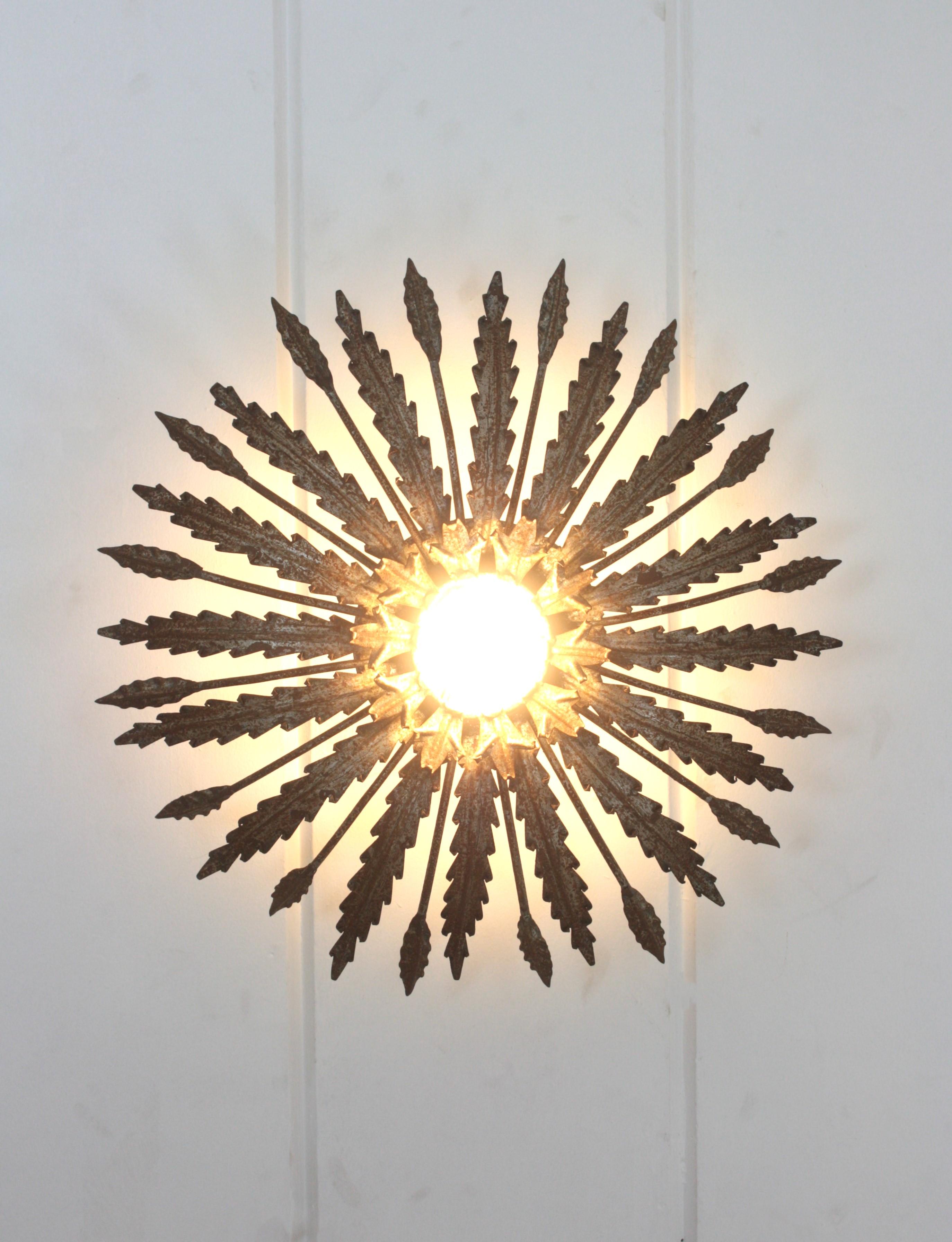 Iron Sunburst Ceiling Light Fixture with Leaves Design and Rusty Patina For Sale 10