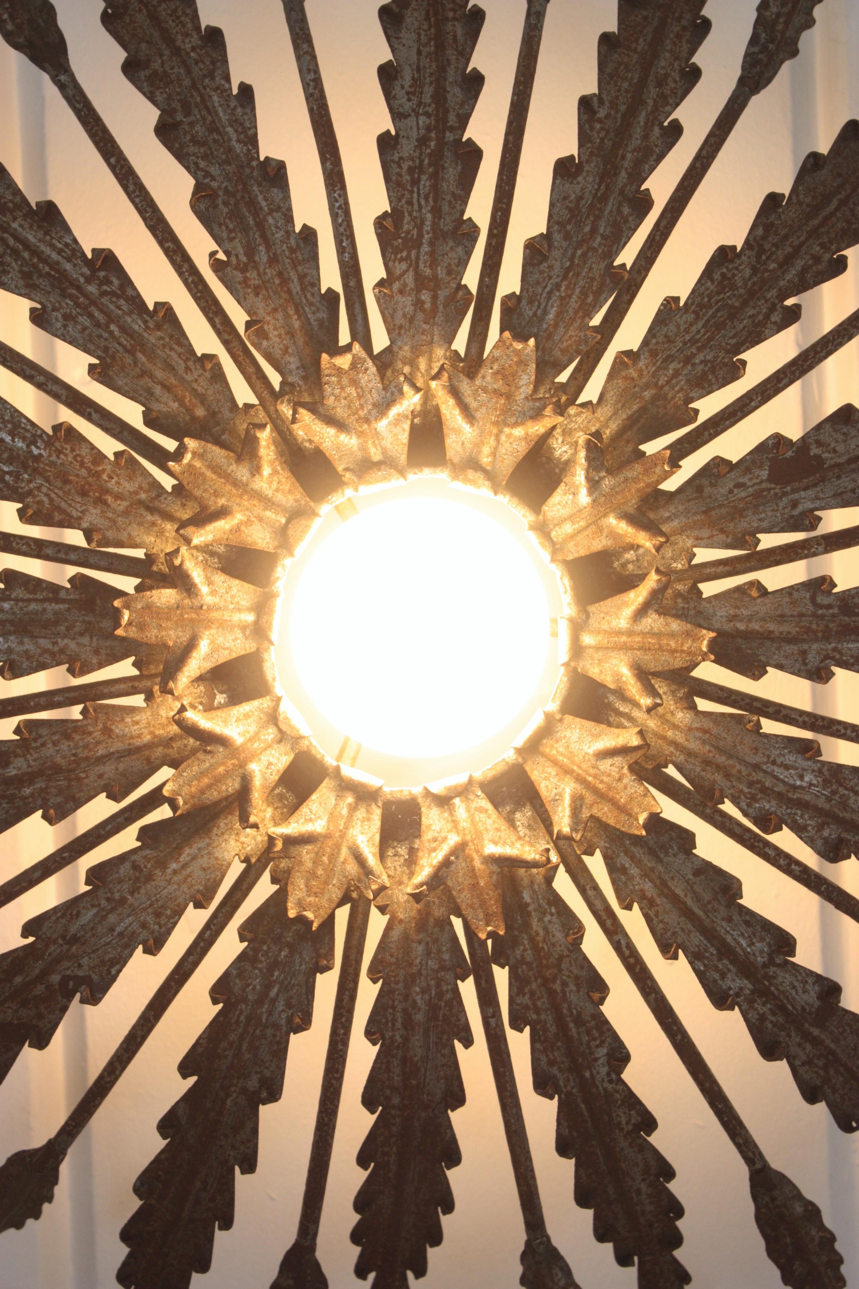 Iron Sunburst Ceiling Light Fixture with Leaves Design and Rusty Patina For Sale 12