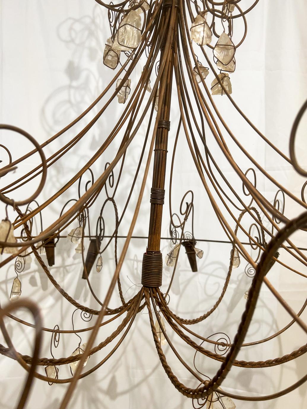 French Iron Swirl Chandelier with Rock Crystals, Contemporary  For Sale