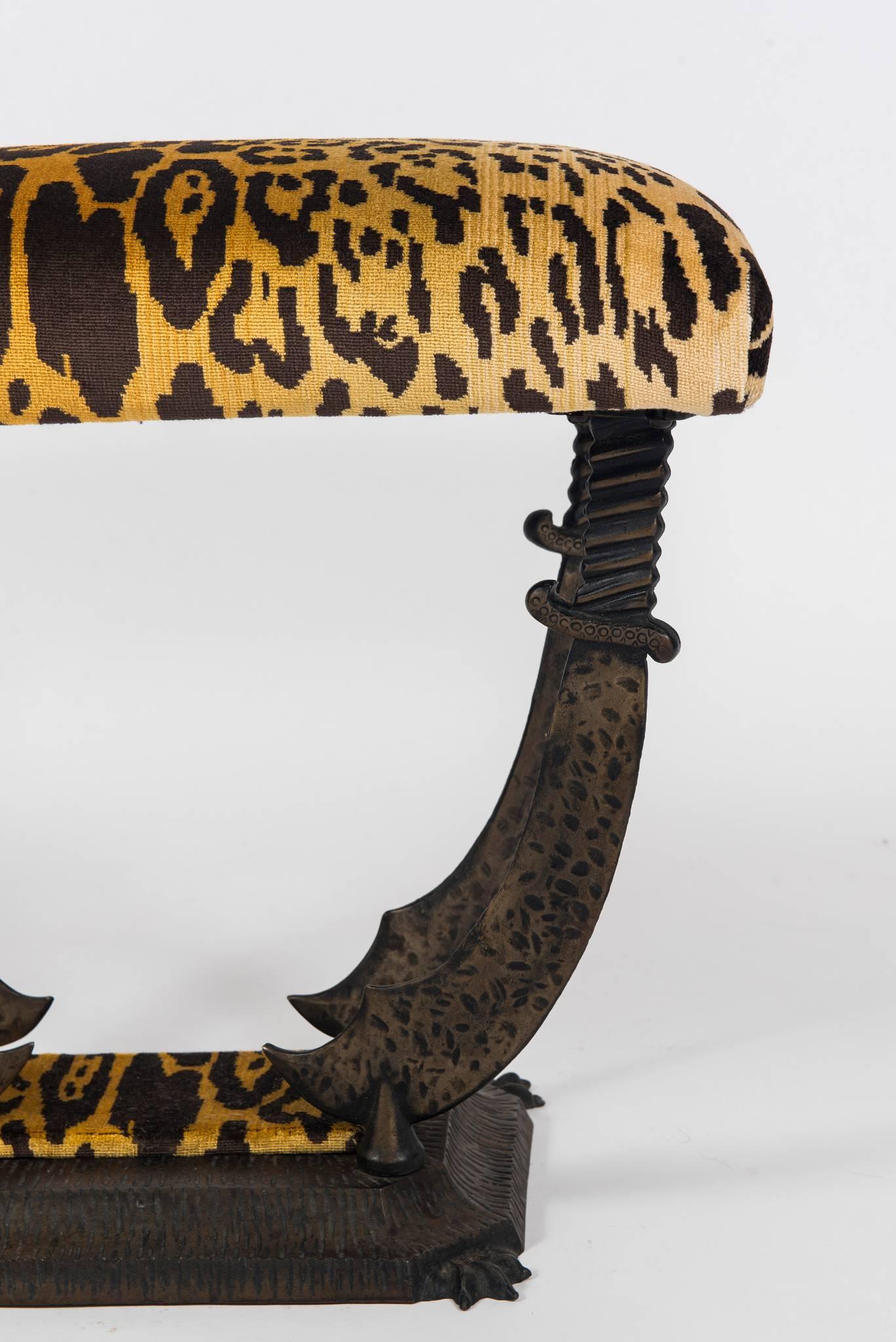 Iron Sword Bench with Leopard Silk Velvet Seat In Excellent Condition In Houston, TX