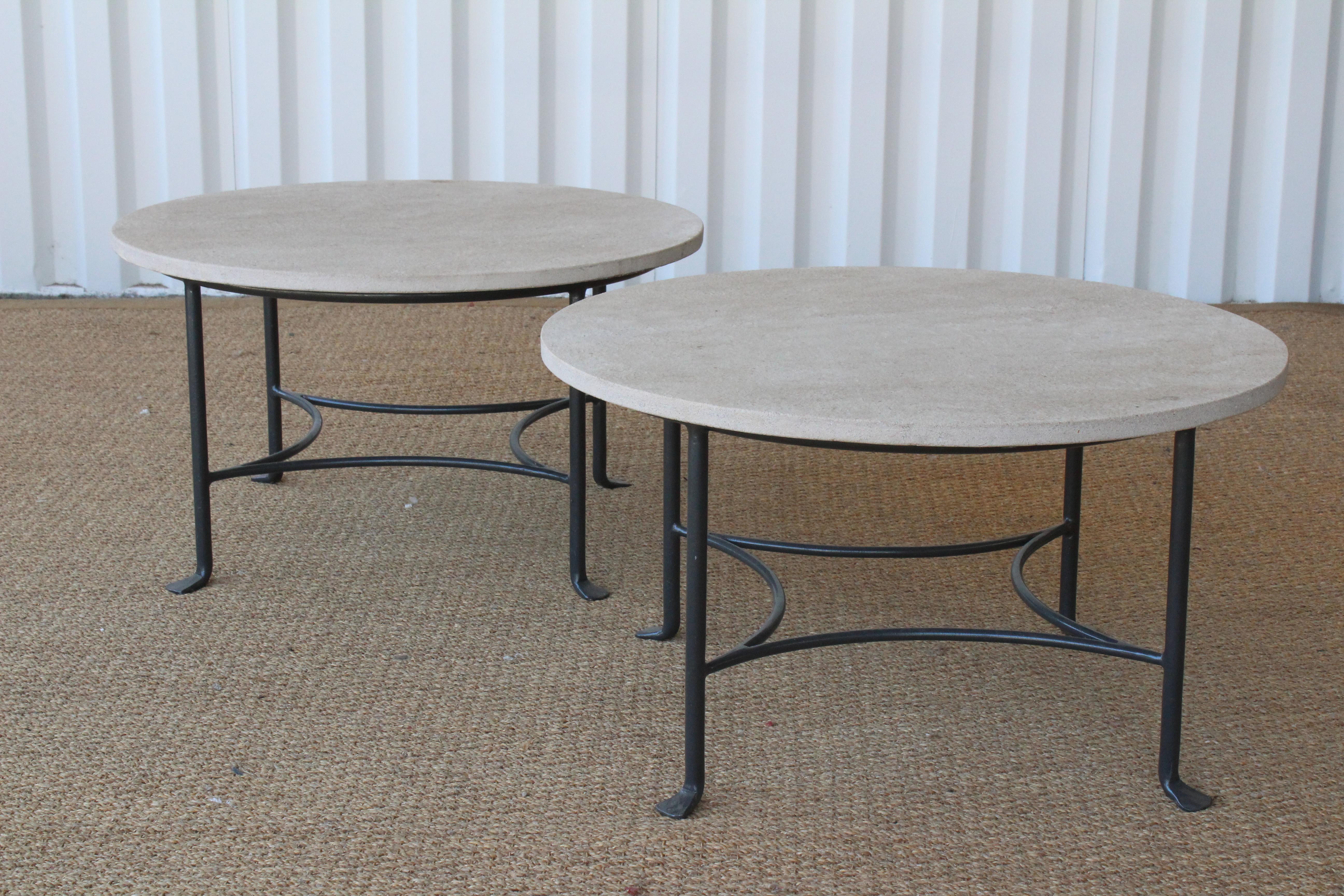 Iron base table with limestone top. Pair available, sold individually. Suitable for indoor or outdoor use. New production.
