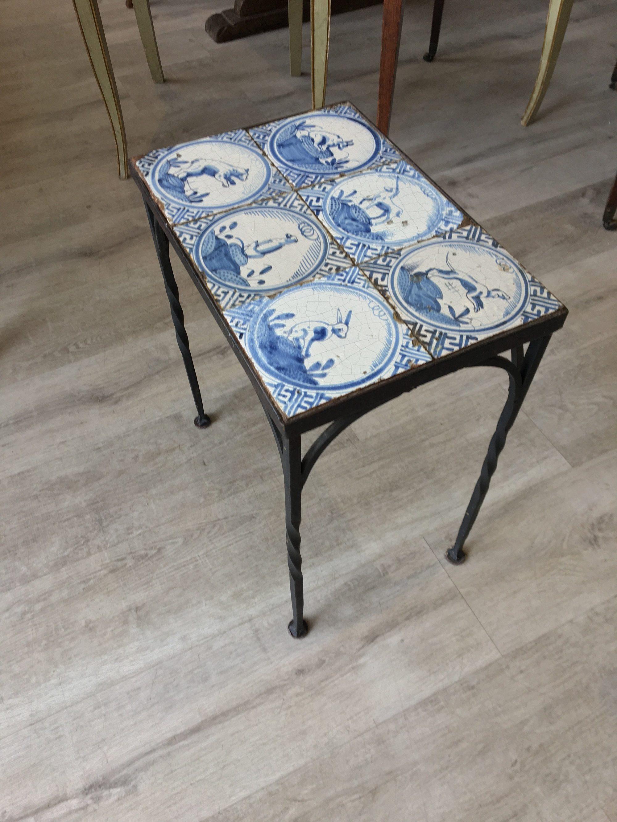 Dutch Iron Table with Six 17th Century Delft Animal Tiles
