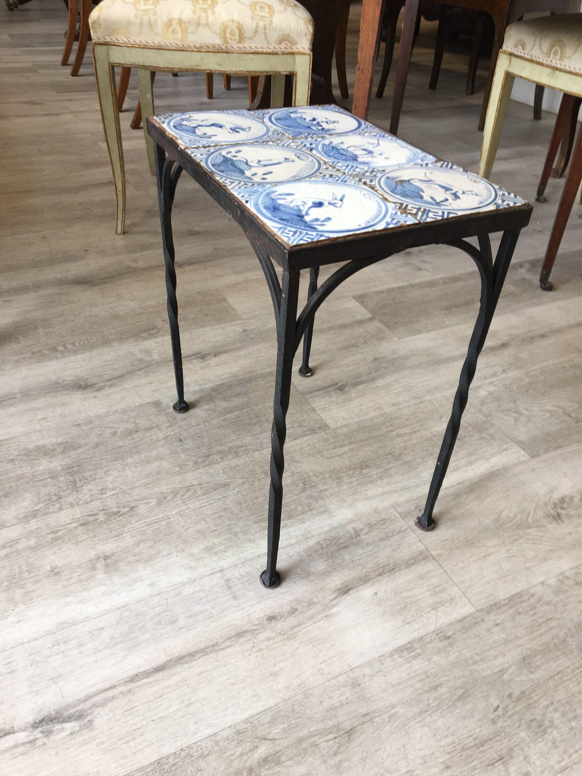 Iron Table with Six 17th Century Delft Animal Tiles In Good Condition In Doylestown, PA