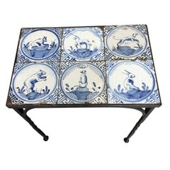 Iron Table with Six 17th Century Delft Animal Tiles