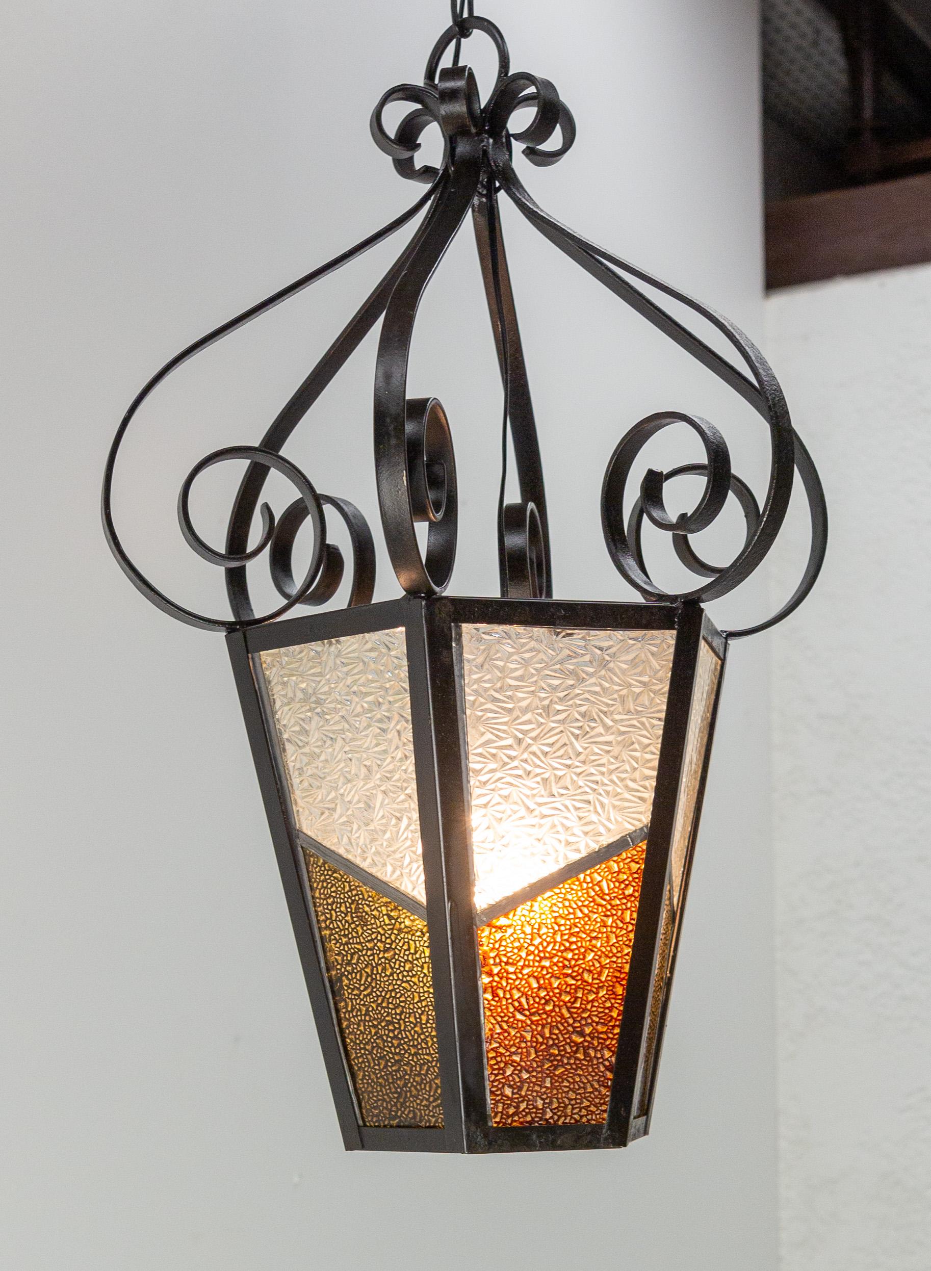 Mid-Century Modern Iron Textured & Colored Glass Ceiling Lamp Lustre French Lantern, circa 1960 For Sale