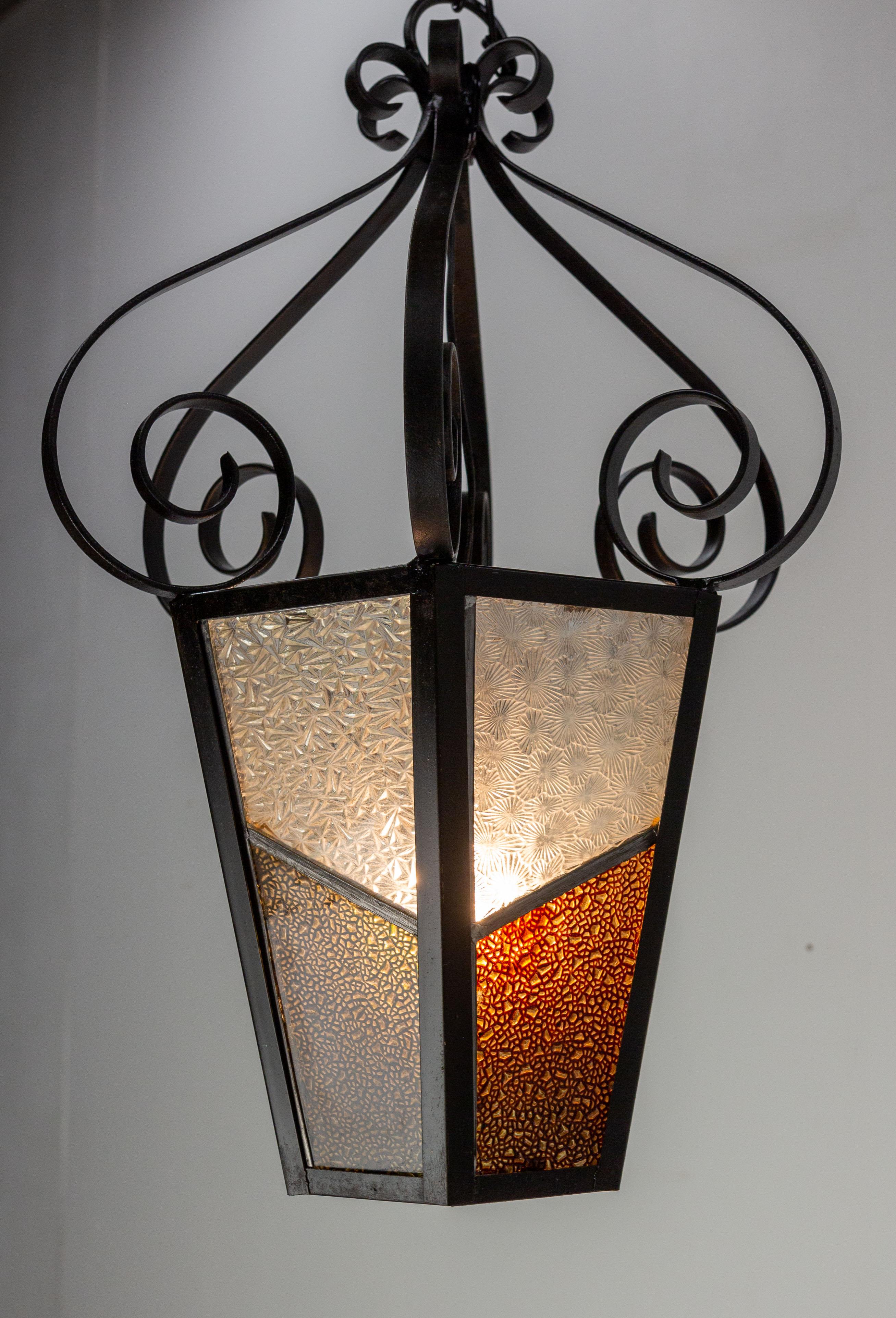 Iron Textured & Colored Glass Ceiling Lamp Lustre French Lantern, circa 1960 In Good Condition For Sale In Labrit, Landes