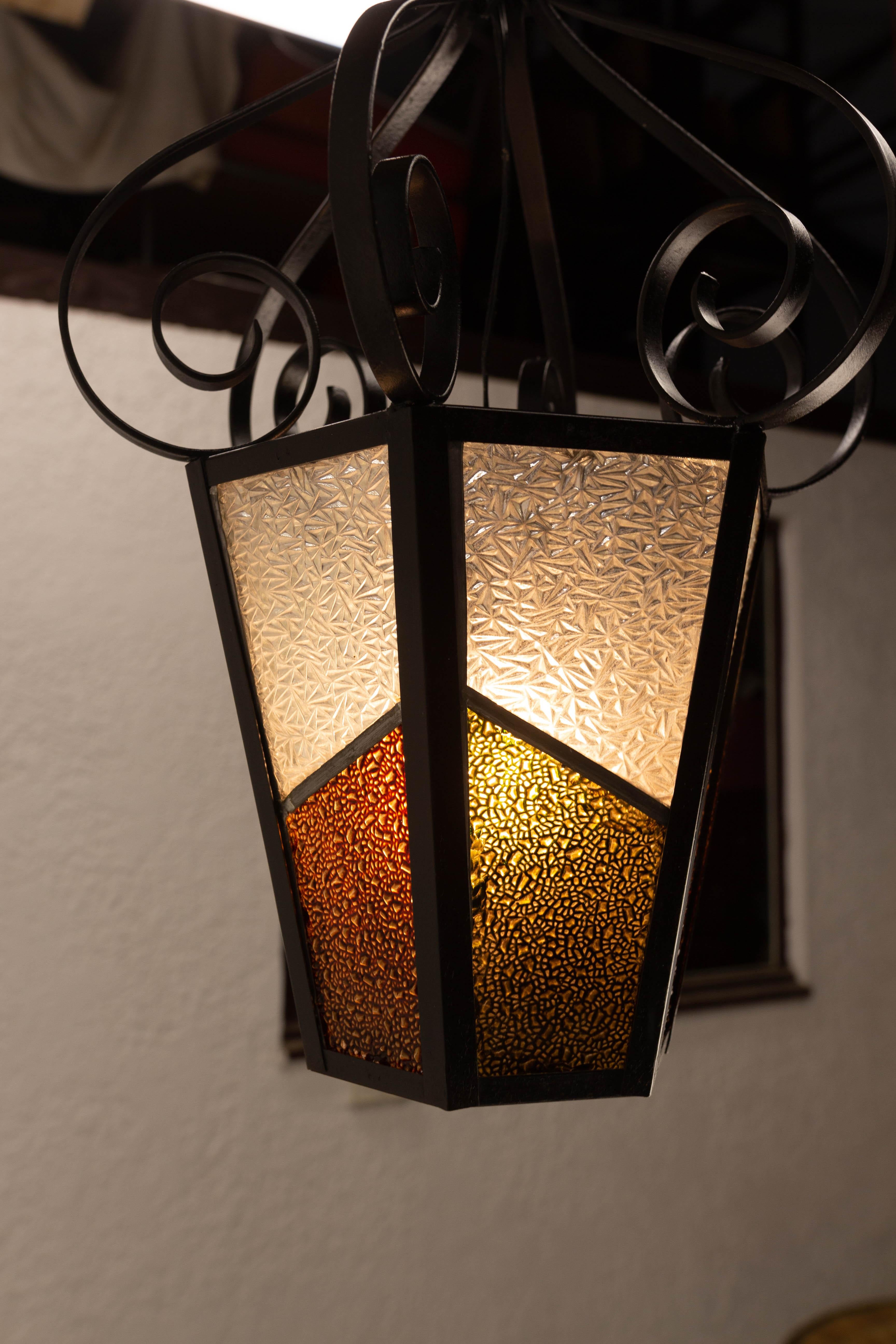 Mid-20th Century Iron Textured & Colored Glass Ceiling Lamp Lustre French Lantern, circa 1960 For Sale