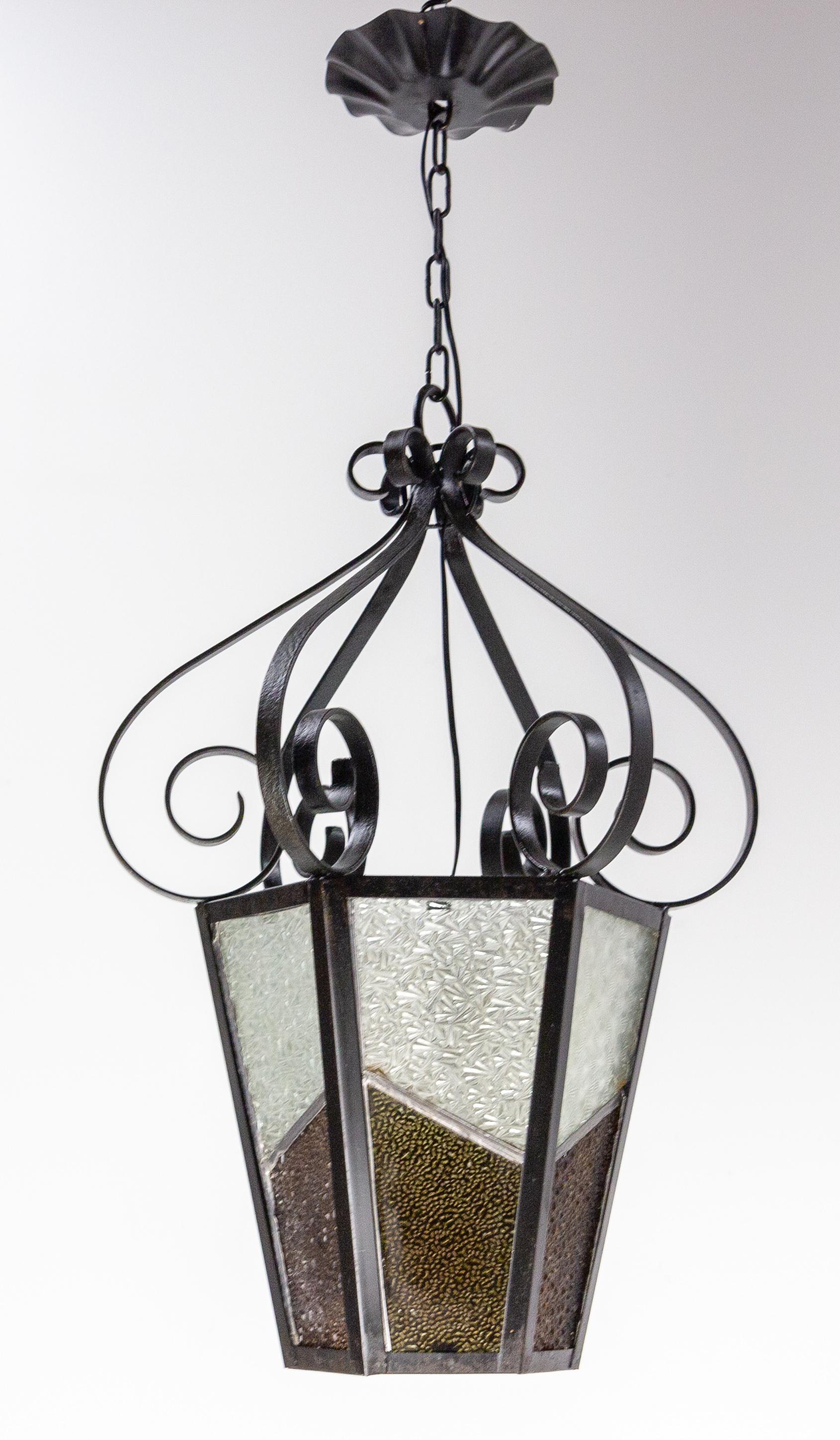 Lead Iron Textured & Colored Glass Ceiling Lamp Lustre French Lantern, circa 1960 For Sale