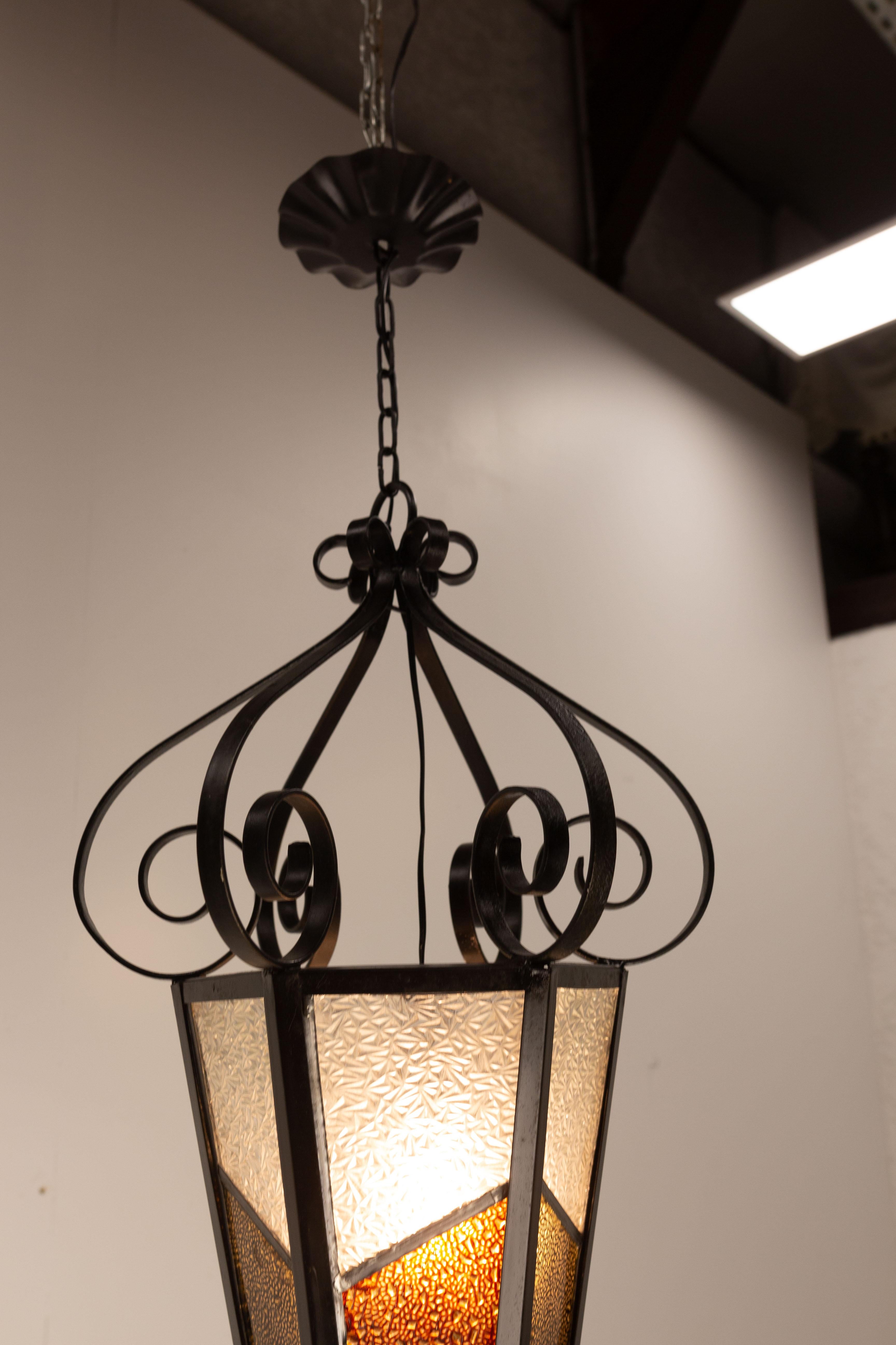 Iron Textured & Colored Glass Ceiling Lamp Lustre French Lantern, circa 1960 For Sale 3