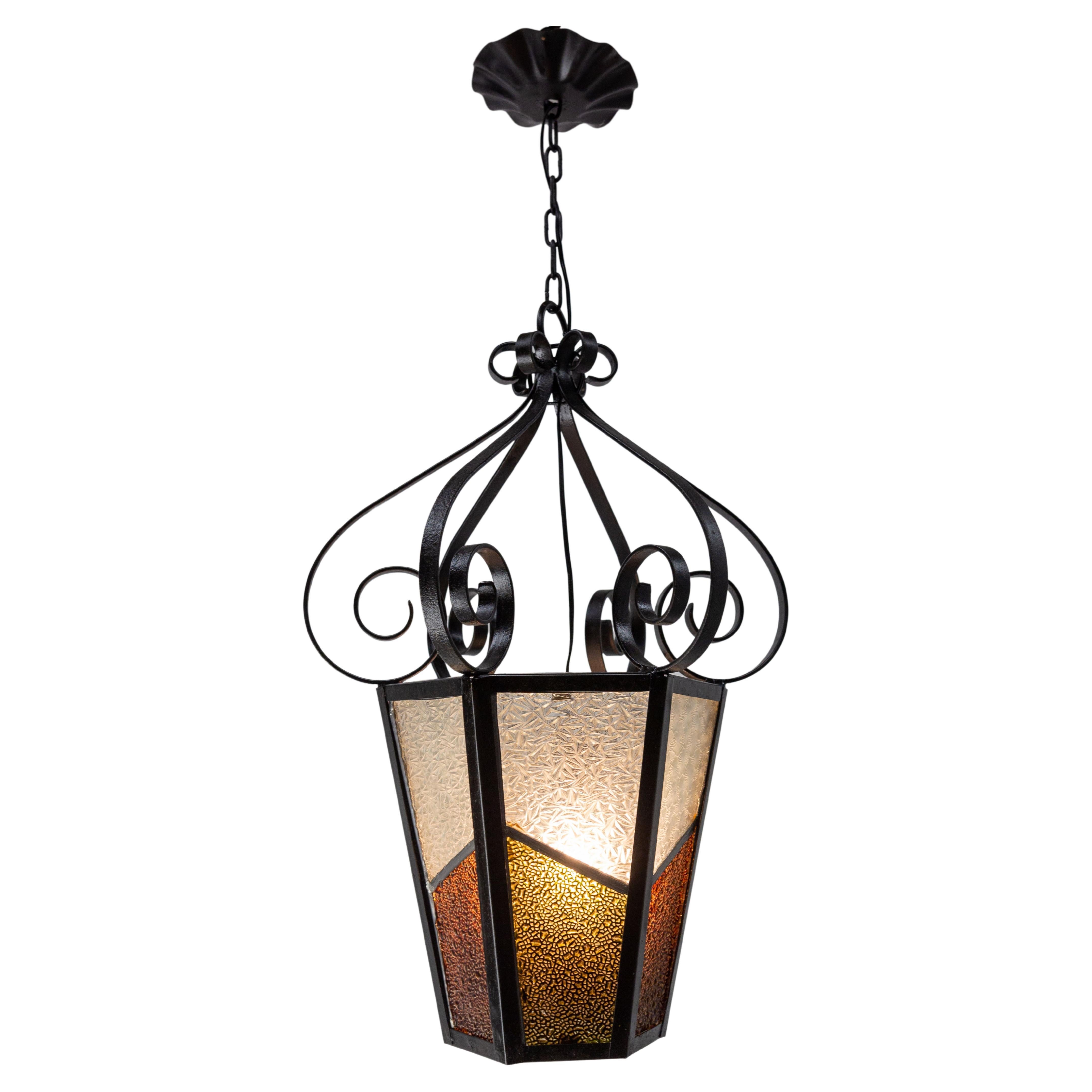 Iron Textured & Colored Glass Ceiling Lamp Lustre French Lantern, circa 1960