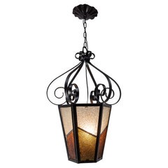 Retro Iron Textured & Colored Glass Ceiling Lamp Lustre French Lantern, circa 1960