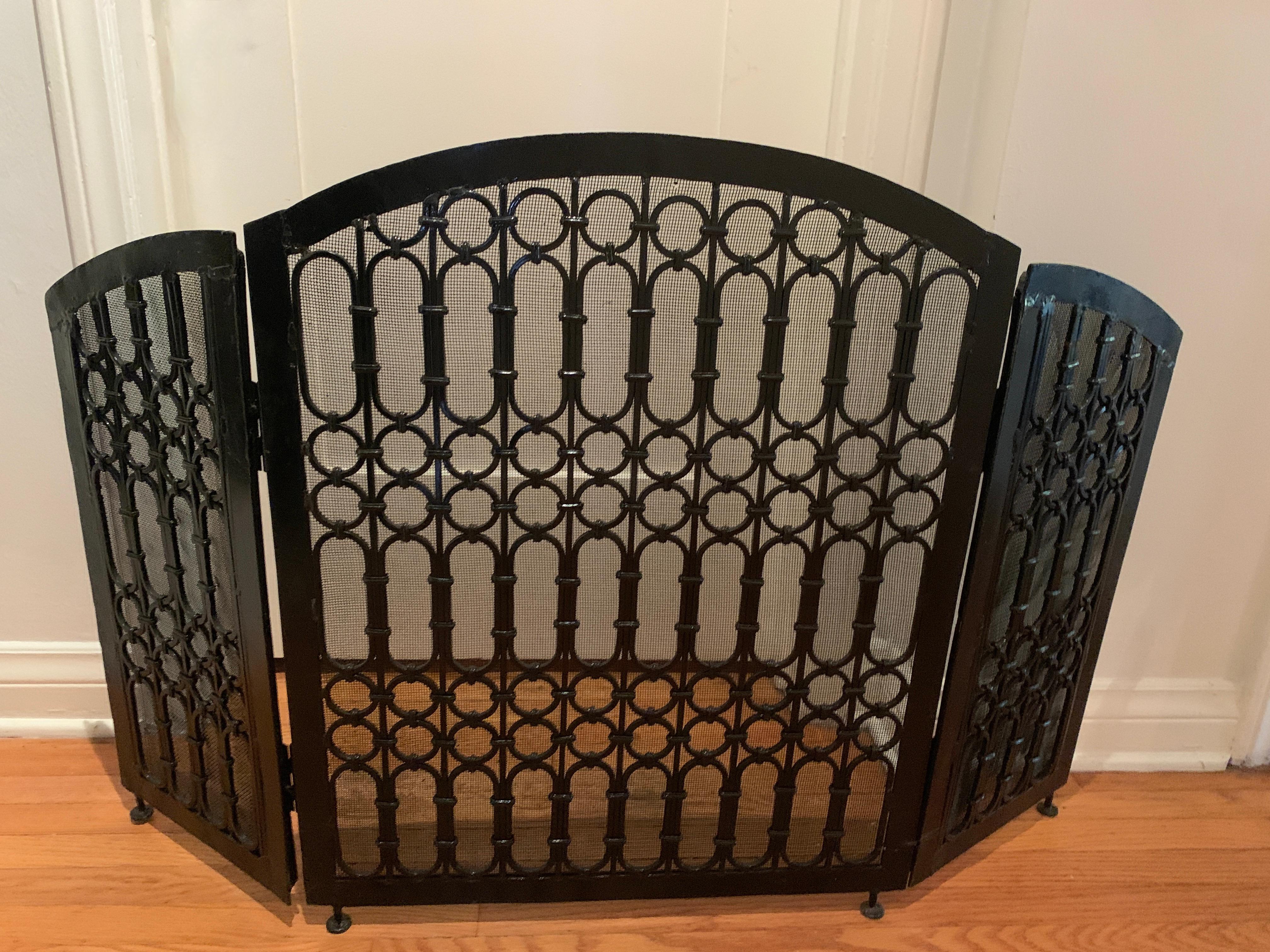 20th Century Freestanding Iron Three Panel Fireplace Screen For Sale