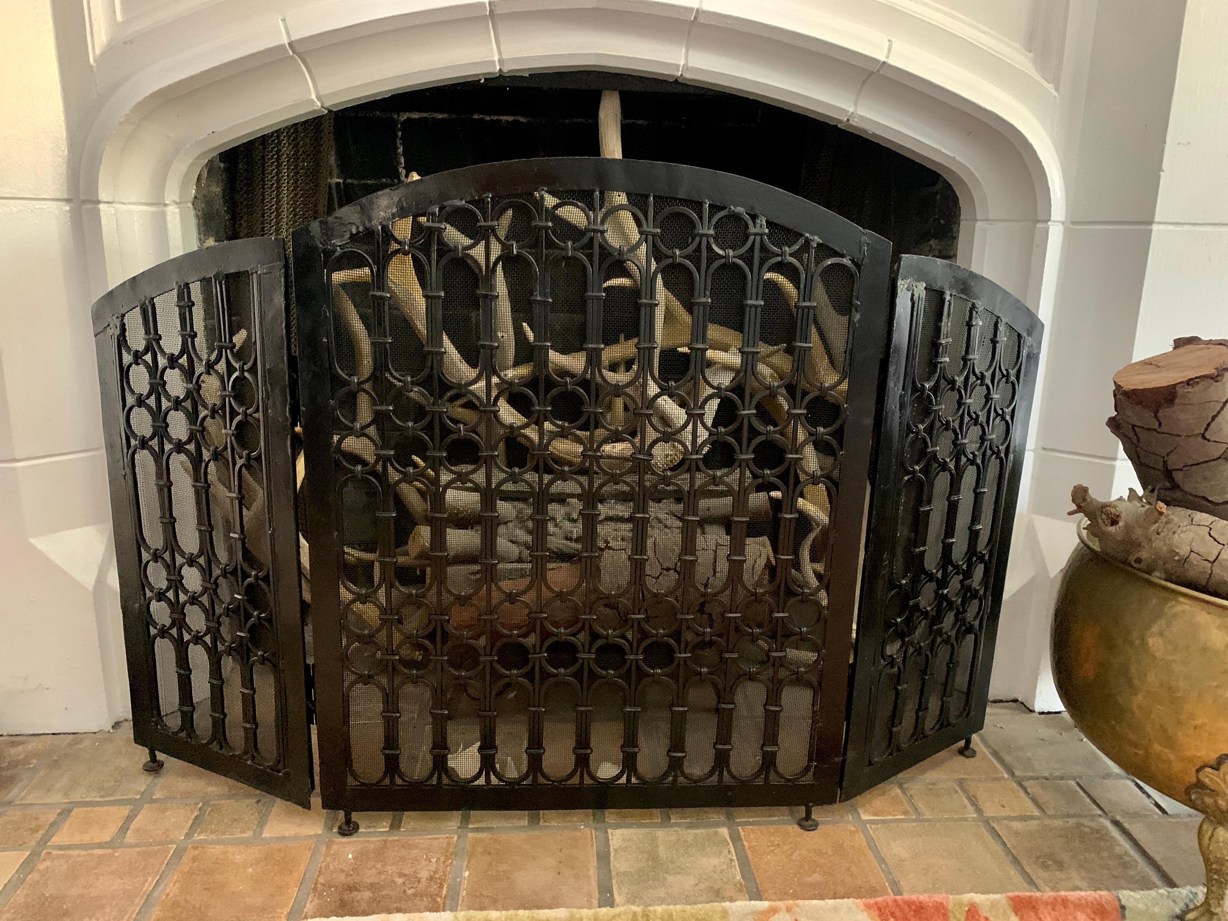 Freestanding Iron Three Panel Fireplace Screen For Sale 1