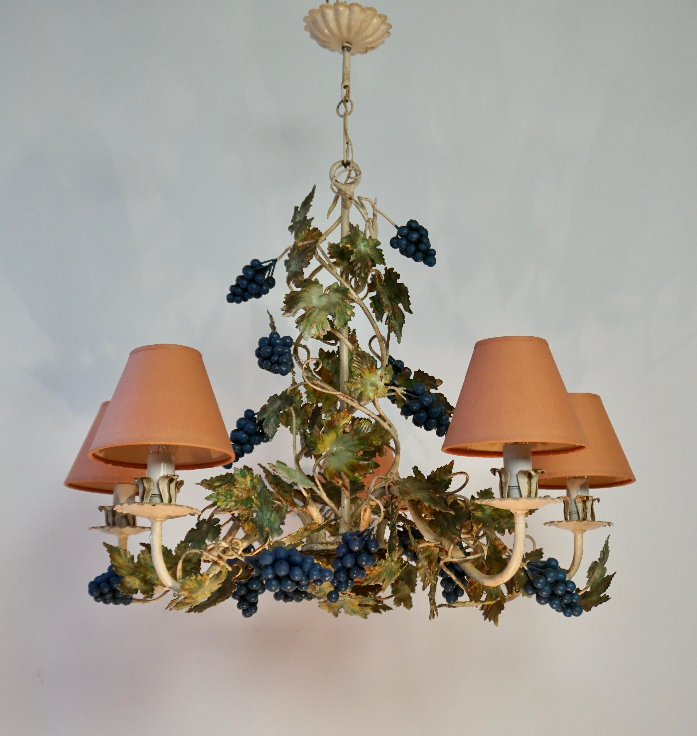 Hollywood Regency Iron Tole Grapes Chandelier For Sale