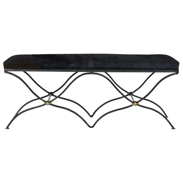 Italian MId-Century Three Seater Walnut And Ebonized Cowhide Bench at