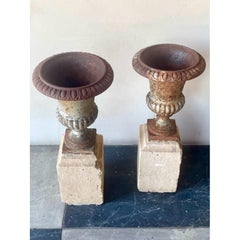 Iron Urn with Stone Base, Set of 2