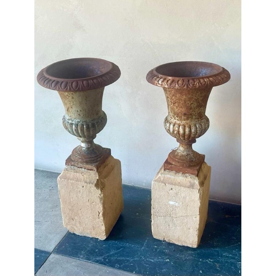 European Iron Urn with Stone Base, Set of 2 For Sale