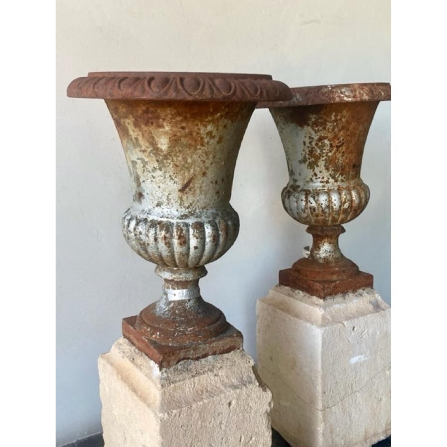 Cast Iron Urn with Stone Base, Set of 2 For Sale