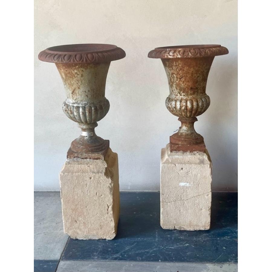 Iron Urn with Stone Base, Set of 2 In Fair Condition For Sale In Scottsdale, AZ