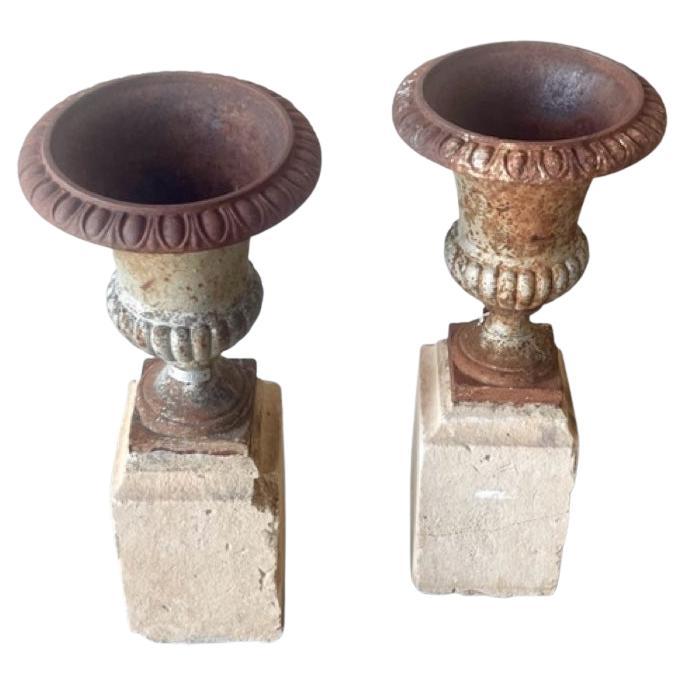 Iron Urn with Stone Base, Set of 2 For Sale 1
