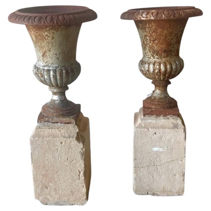 Iron Urn with Stone Base, Set of 2 For Sale