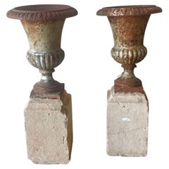 Antique Iron Urn with Stone Base, Set of 2