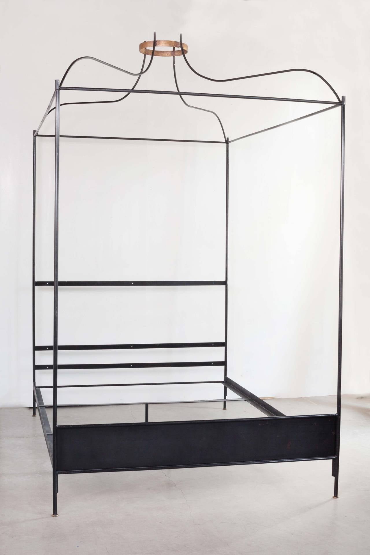 Iron Venetian Canopy Bed with Linen Headboard, Twin In New Condition For Sale In New Orleans, LA