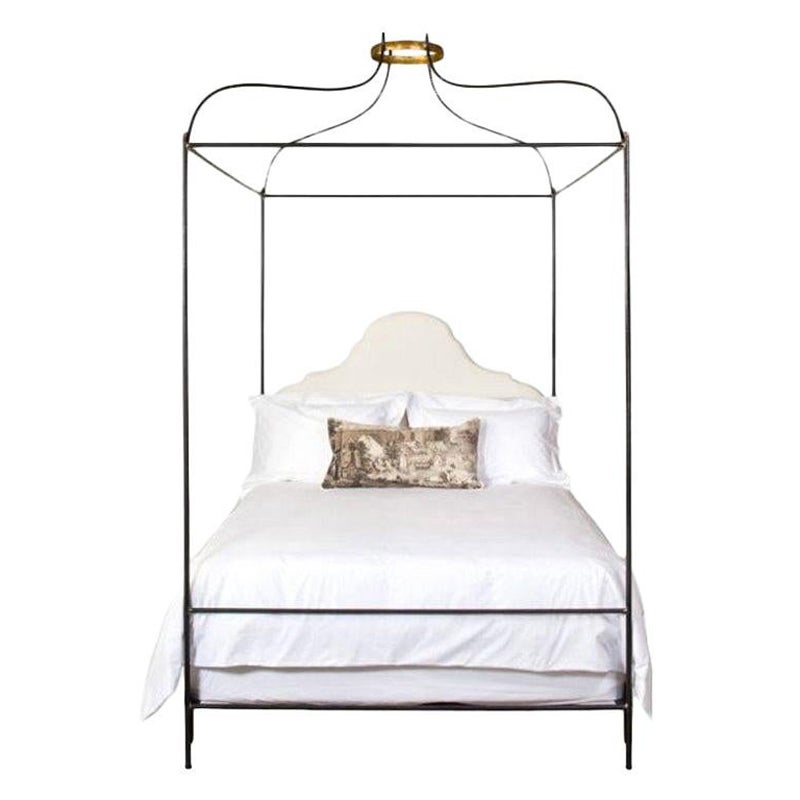 Iron Venetian Canopy Bed with Linen Headboard, Twin For Sale