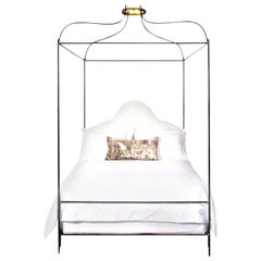 Iron Venetian Upholstered Canopy Bed with Linen Headboard, King