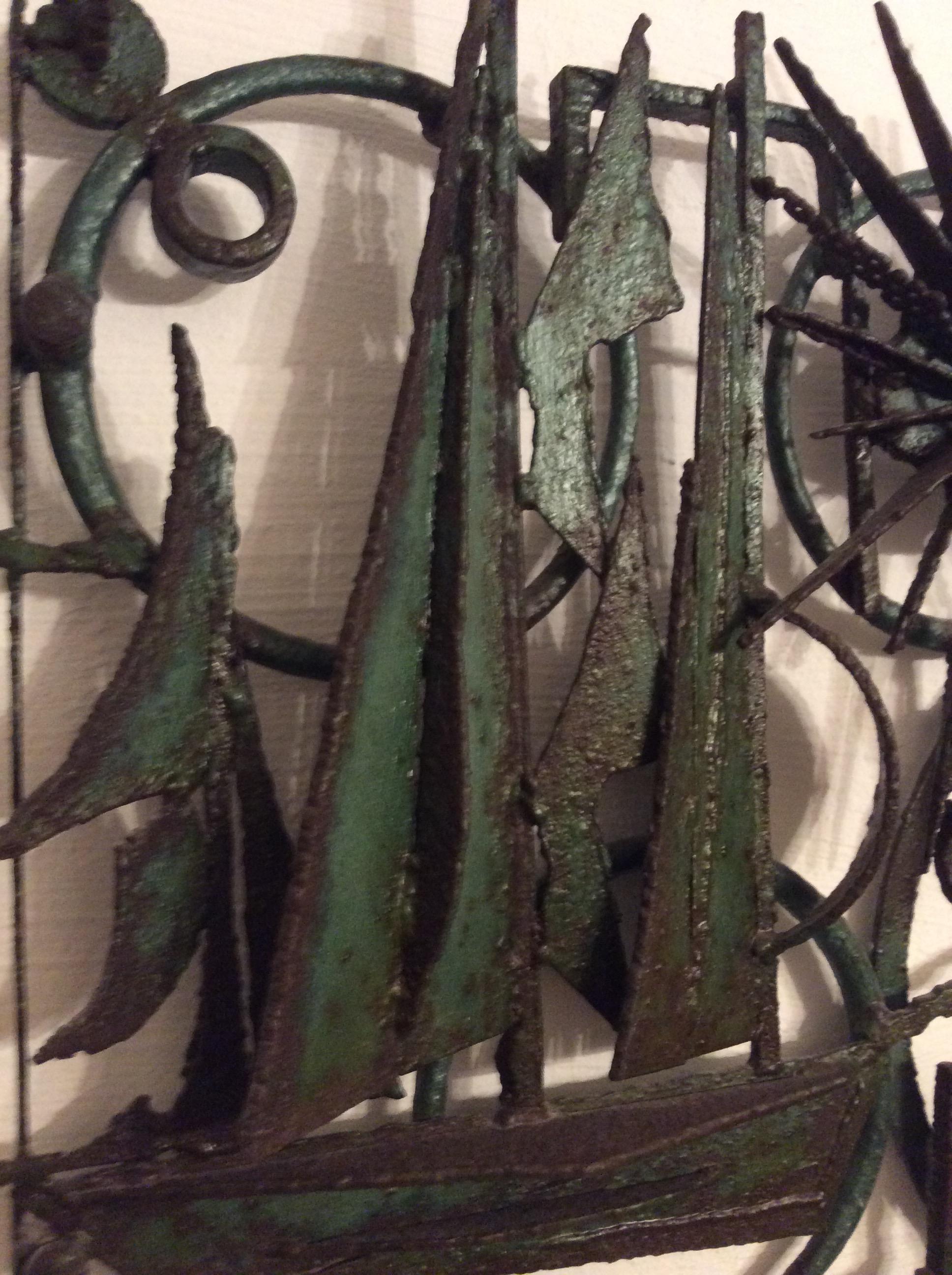Spanish Mid-Century Iron Wall Art Sculpture featuring Sailboats Signed  For Sale