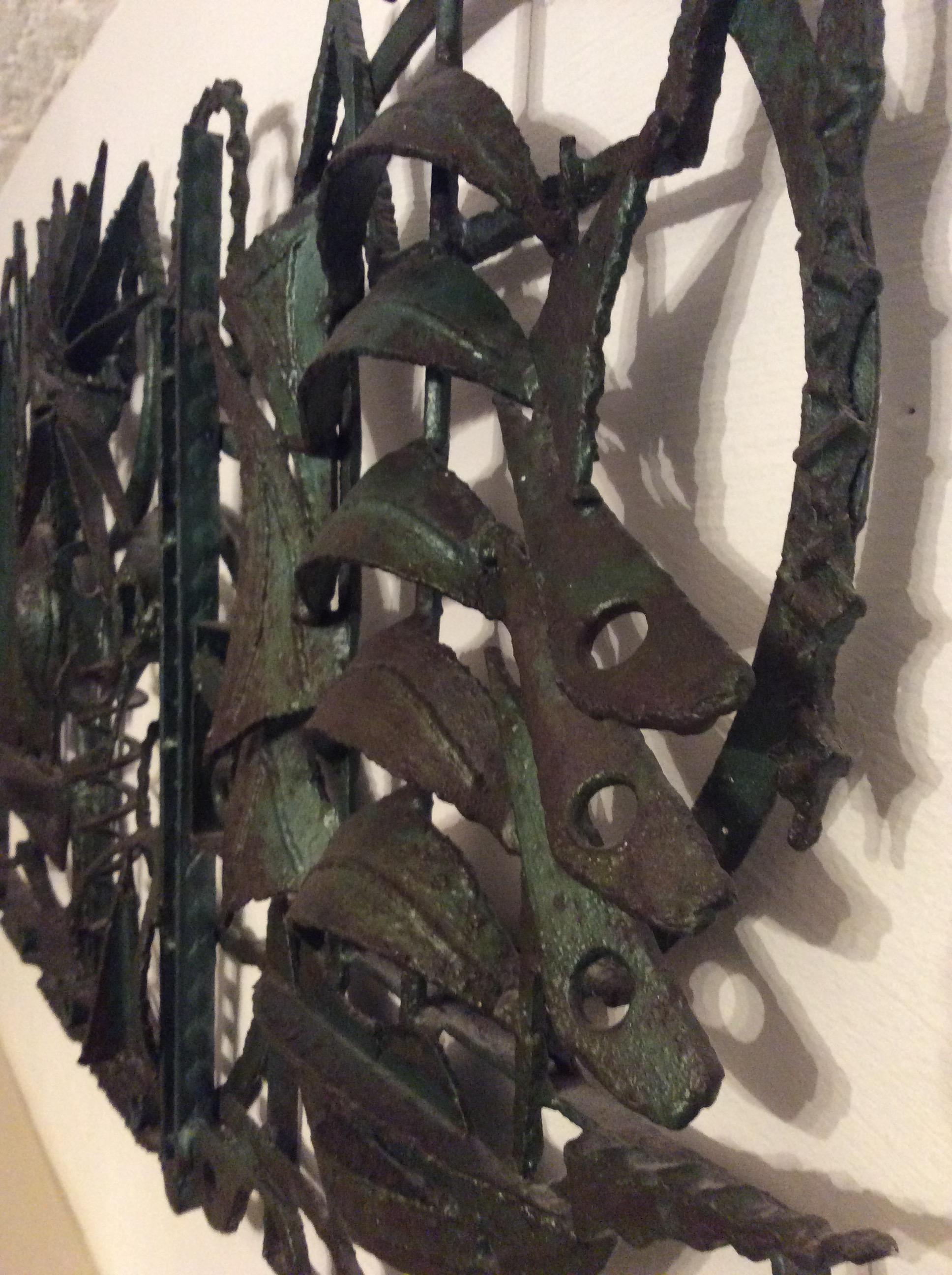 Mid-Century Iron Wall Art Sculpture featuring Sailboats Signed  In Good Condition For Sale In Miami, FL