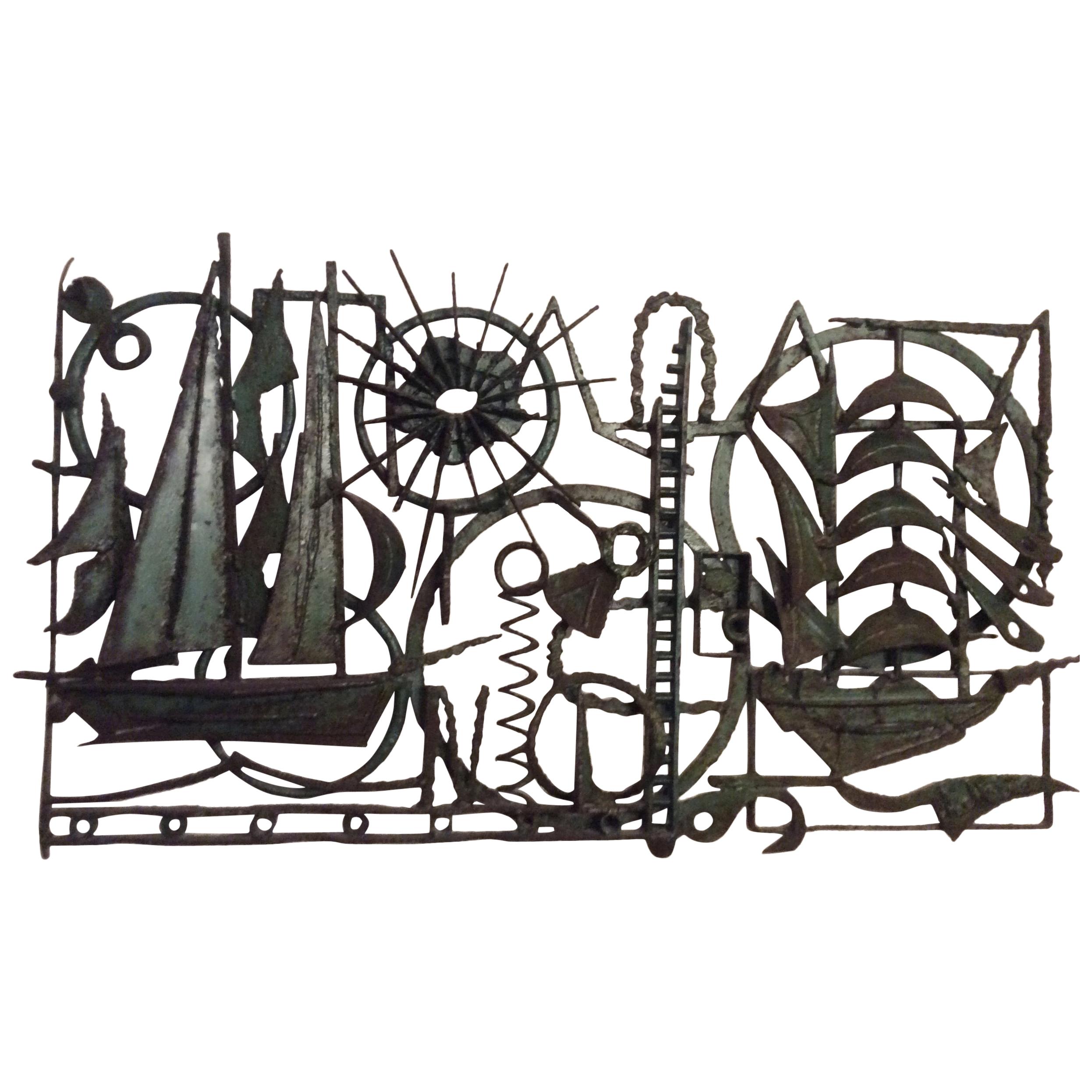 Mid-Century Iron Wall Art Sculpture featuring Sailboats Signed  For Sale