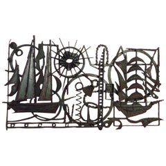 Unique Mid-Century Iron Wall Art Sculpture featuring Sailboats, Signed A. Melia