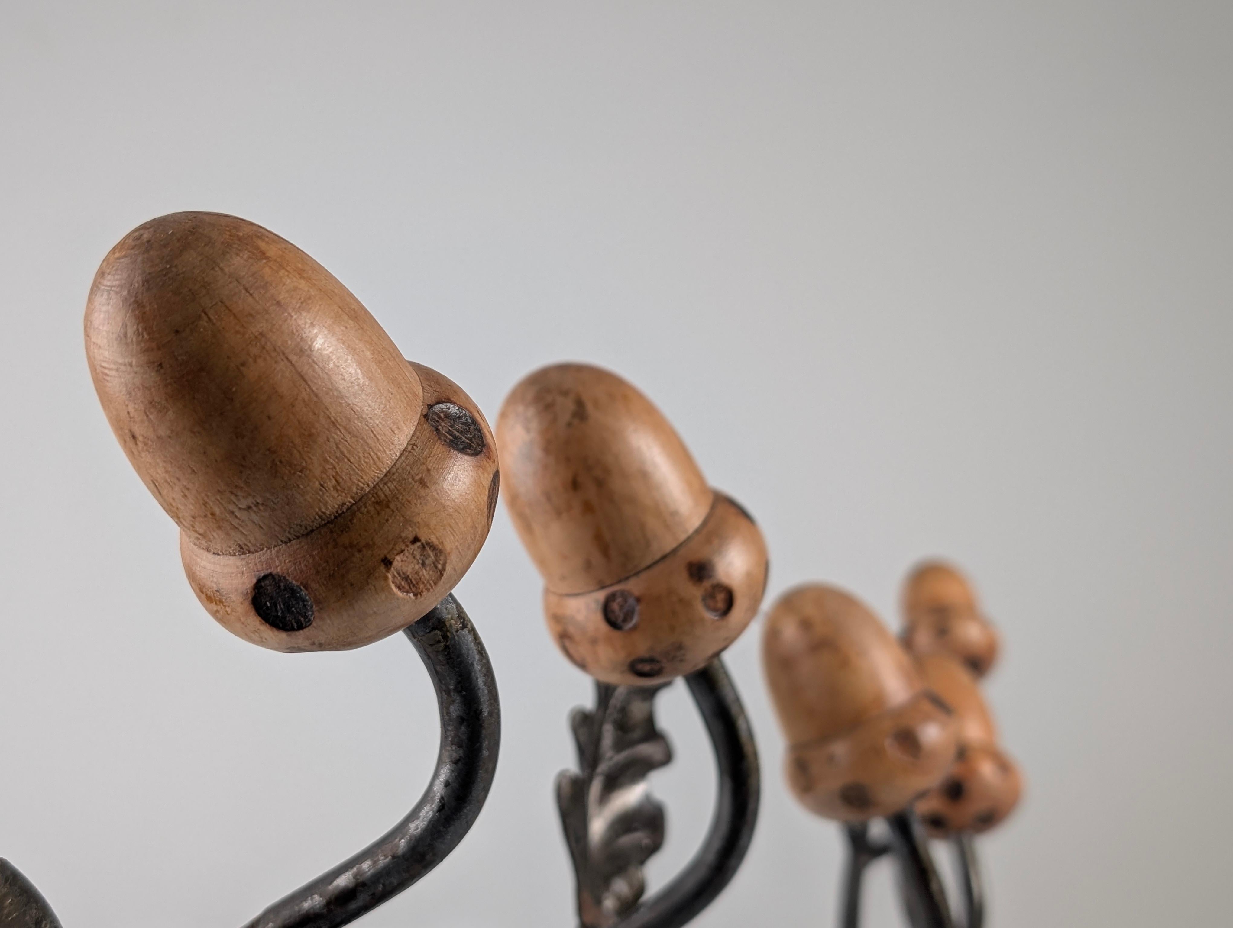 Mid-Century Modern Iron Wall Coat Rack with Holm Oak Branches, Wooden Acorns, Mid-Century, Signed
