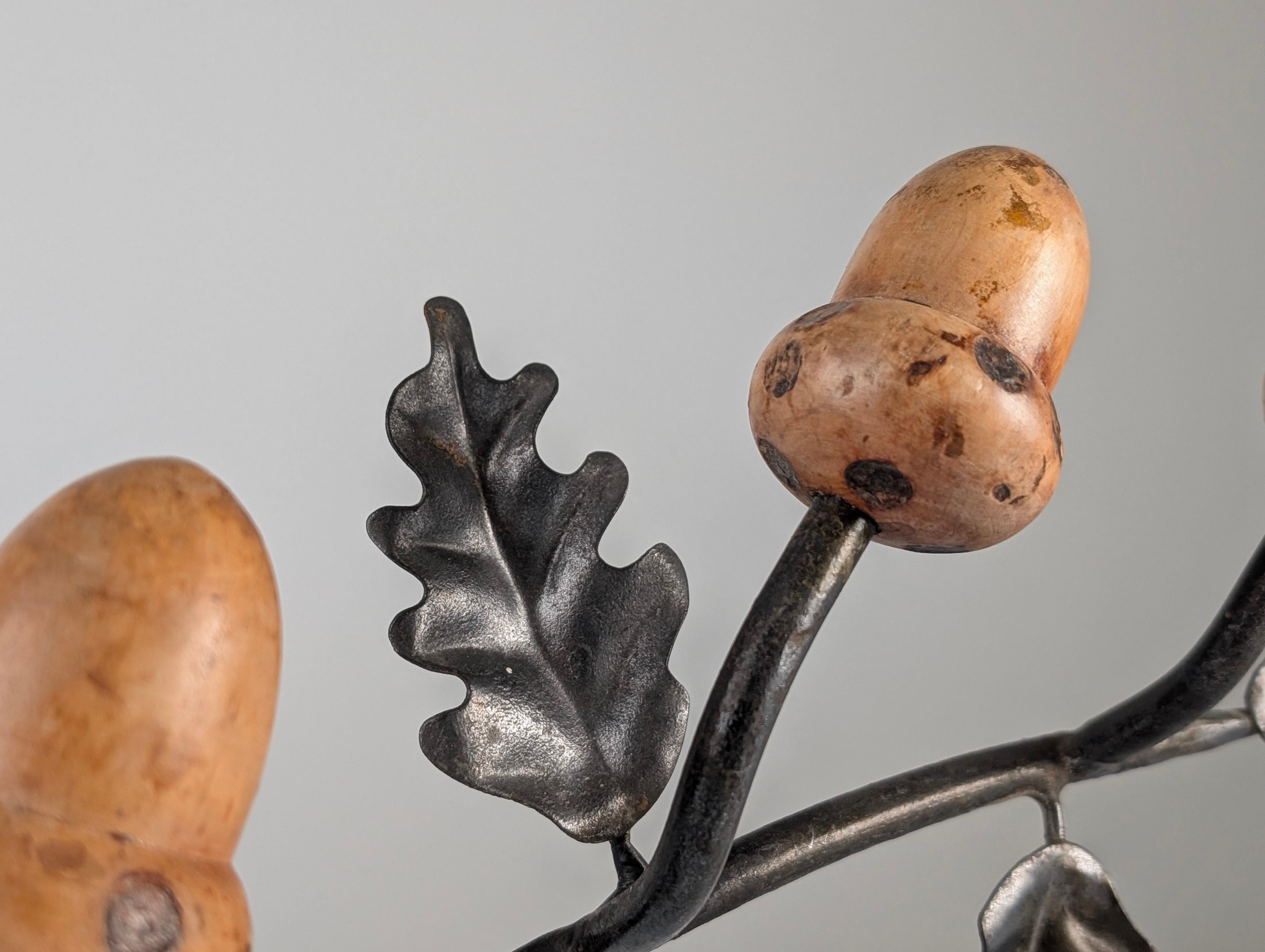 Iron Wall Coat Rack with Holm Oak Branches, Wooden Acorns, Mid-Century, Signed In Good Condition In Benalmadena, ES