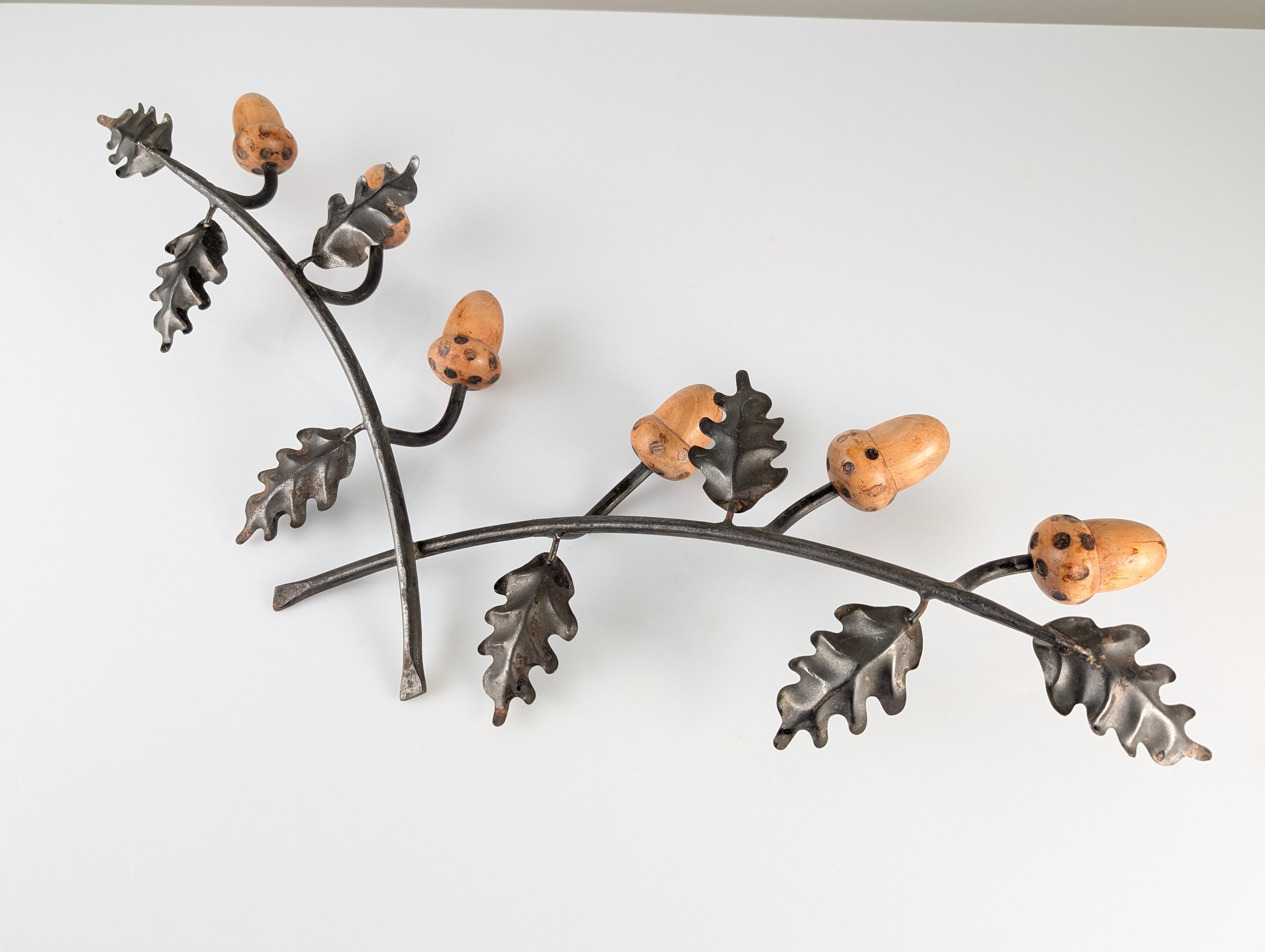 20th Century Iron Wall Coat Rack with Holm Oak Branches, Wooden Acorns, Mid-Century, Signed