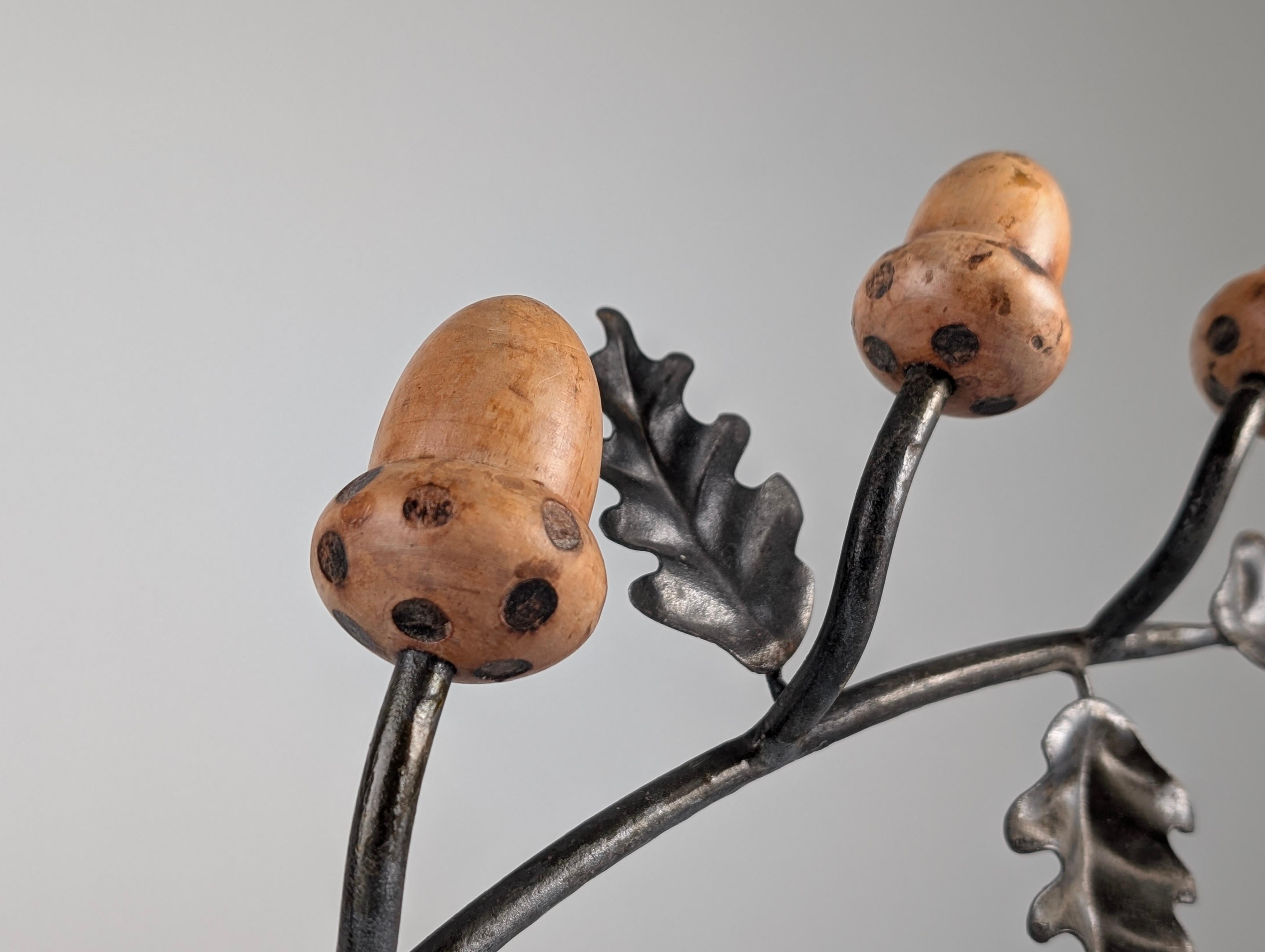 Wrought Iron Iron Wall Coat Rack with Holm Oak Branches, Wooden Acorns, Mid-Century, Signed