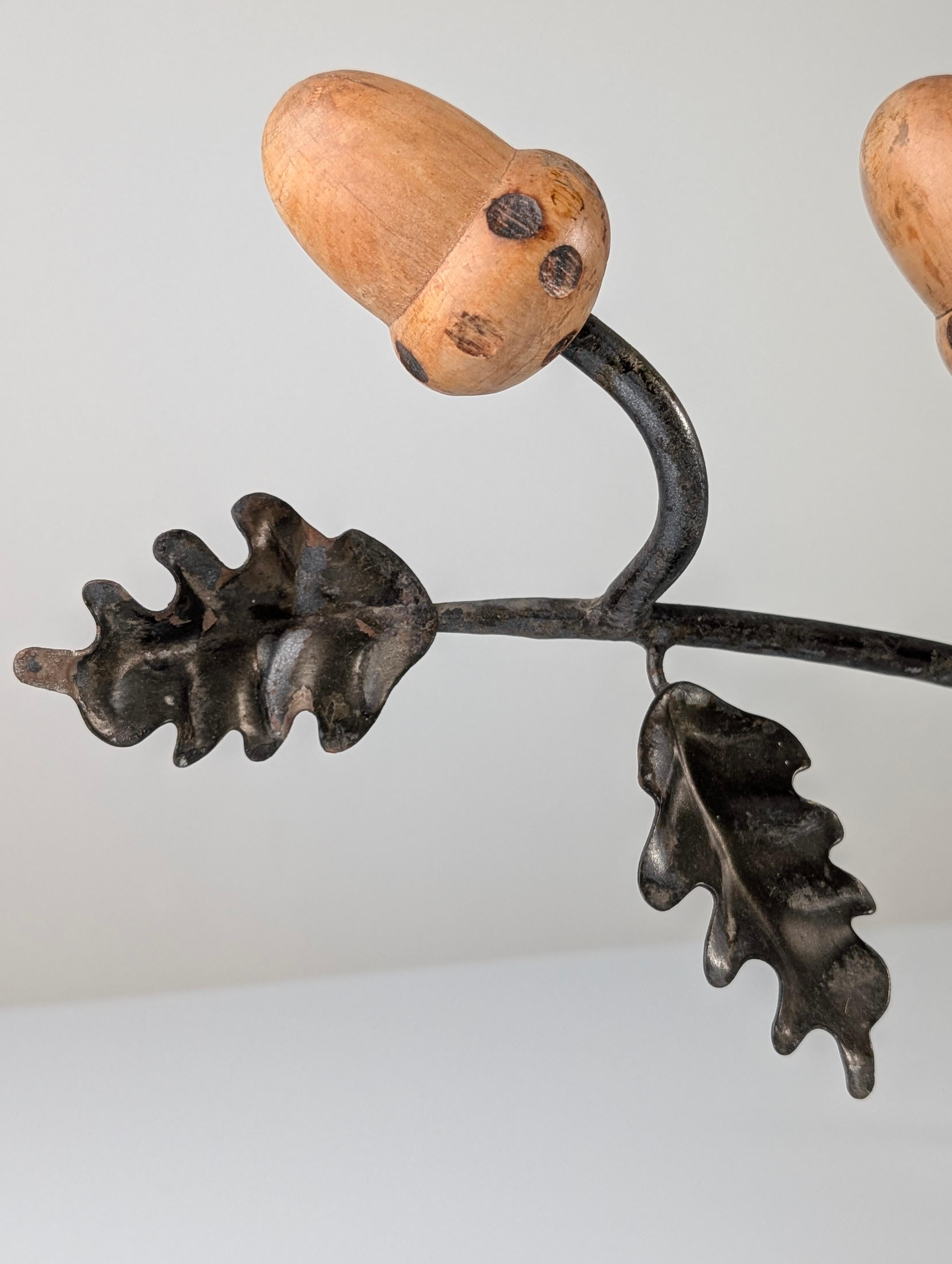 Iron Wall Coat Rack with Holm Oak Branches, Wooden Acorns, Mid-Century, Signed 1