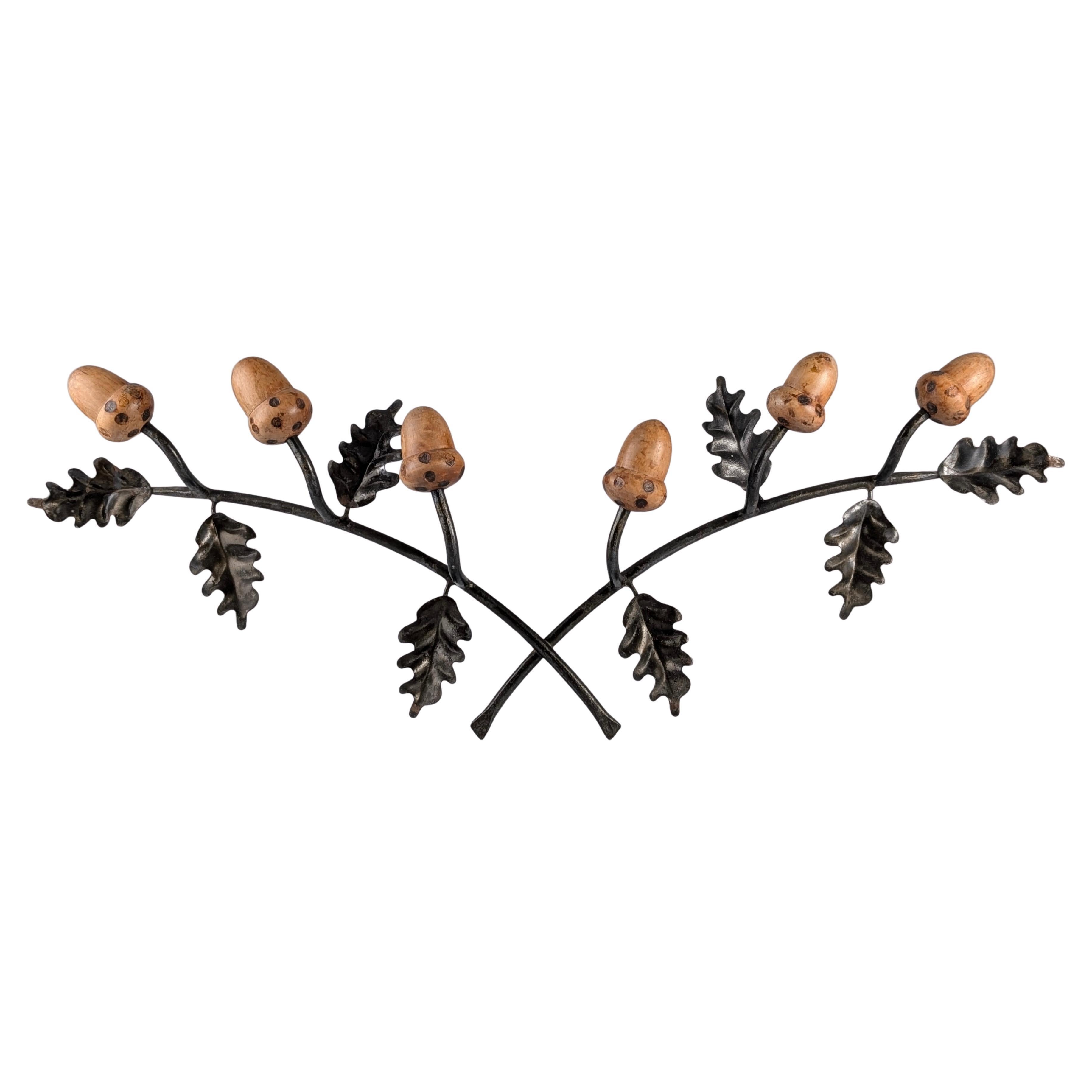 Iron Wall Coat Rack with Holm Oak Branches, Wooden Acorns, Mid-Century, Signed