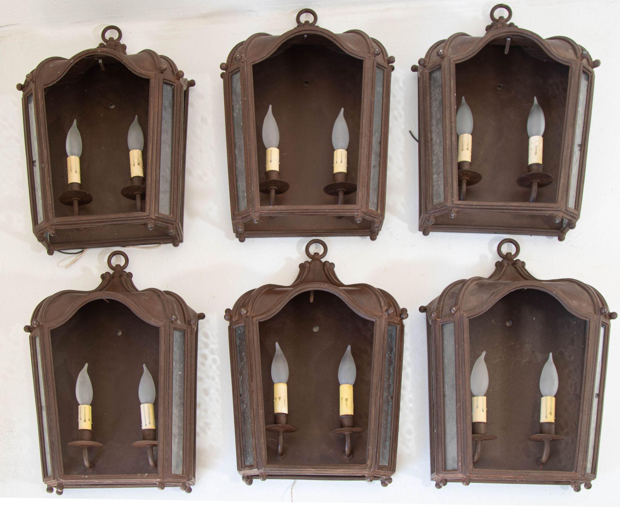 Hand-Carved Iron Wall Lantern Antique Rust with Glass 1 of 6 for Outdoor European Style For Sale