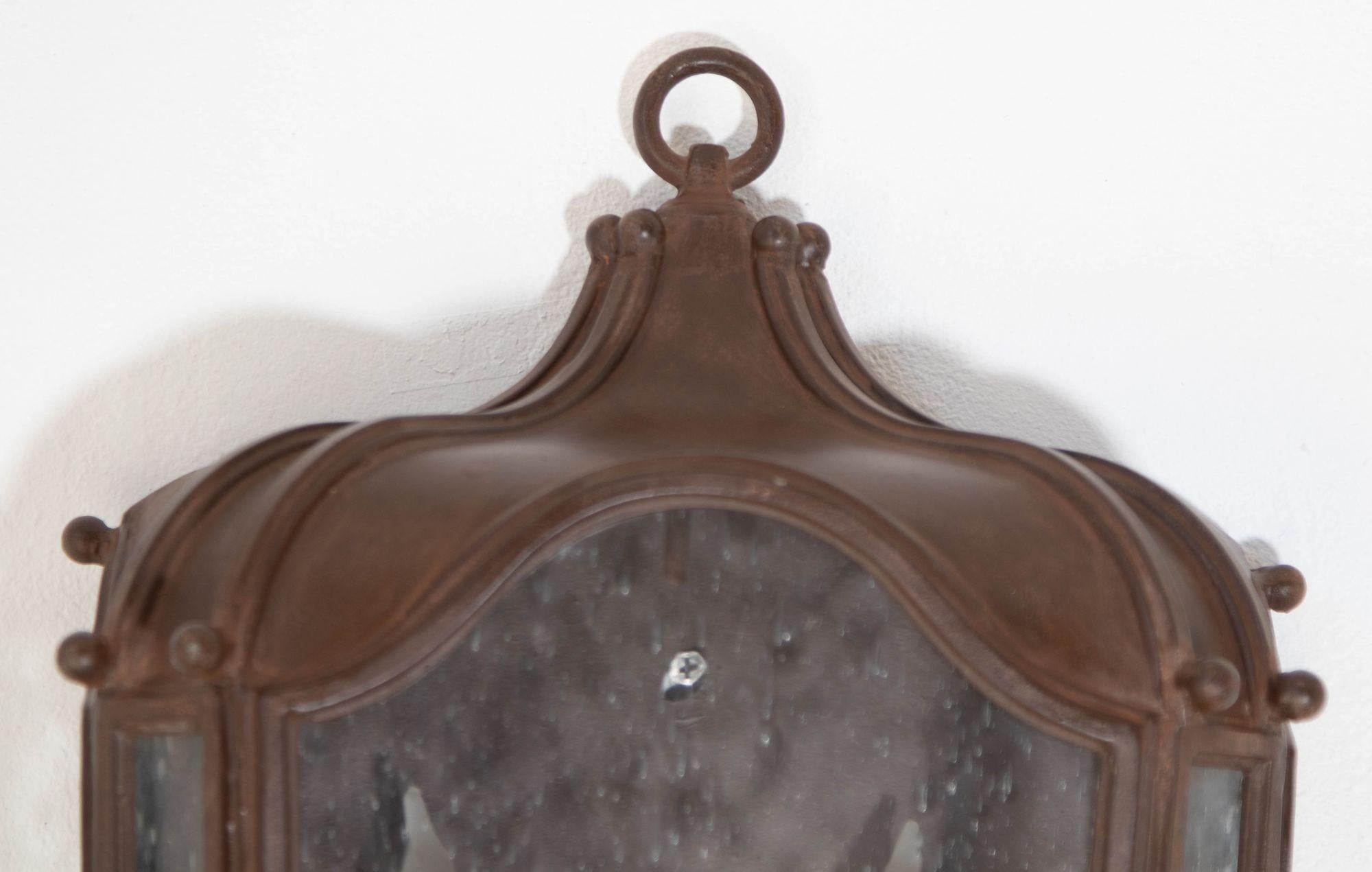 Iron Wall Lantern Antique Rust with Glass 1 of 6 for Outdoor European Style In Good Condition For Sale In North Hollywood, CA